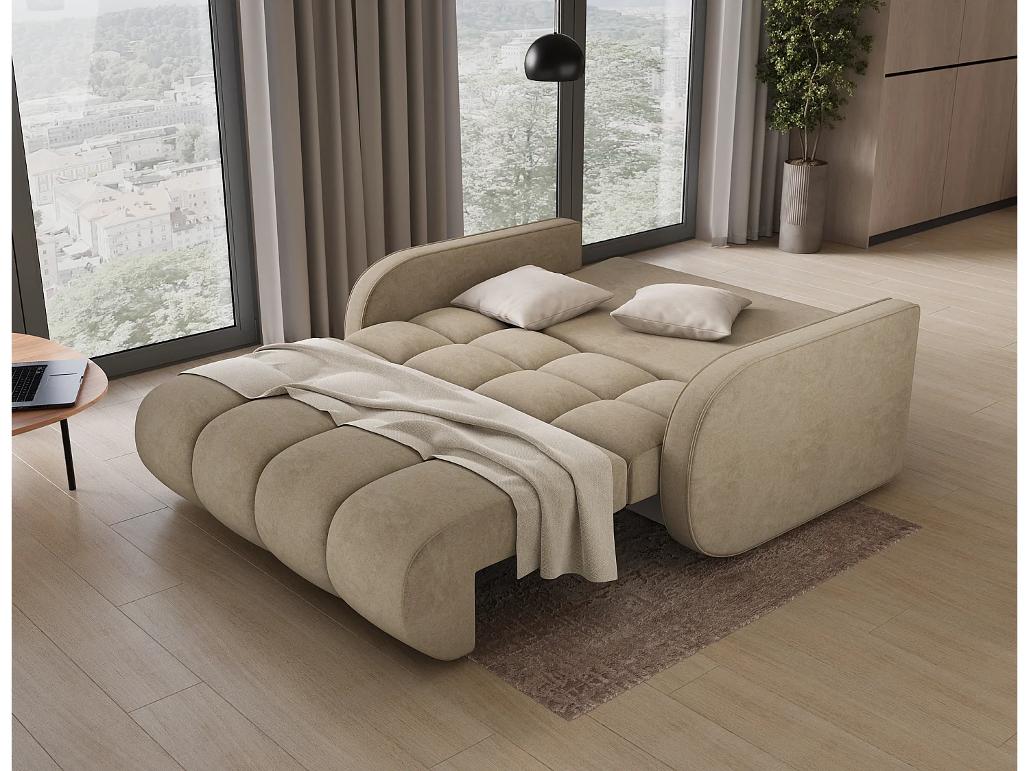 Canapé convertible 3 places avec coffre en tissu beige DENVERS