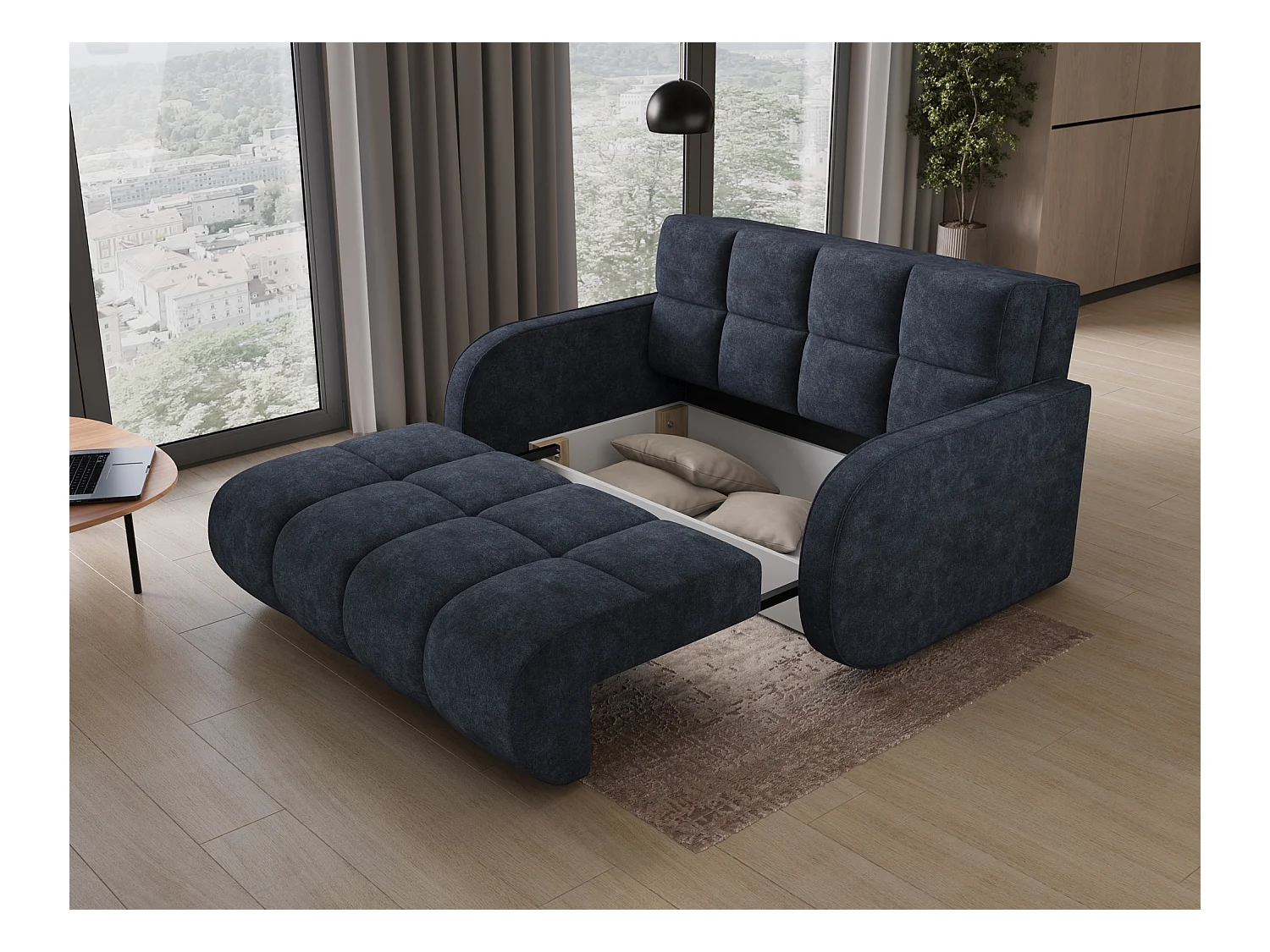 Sofá convertible de tela DENVERS – Con caja de almacenaje-Color Negro