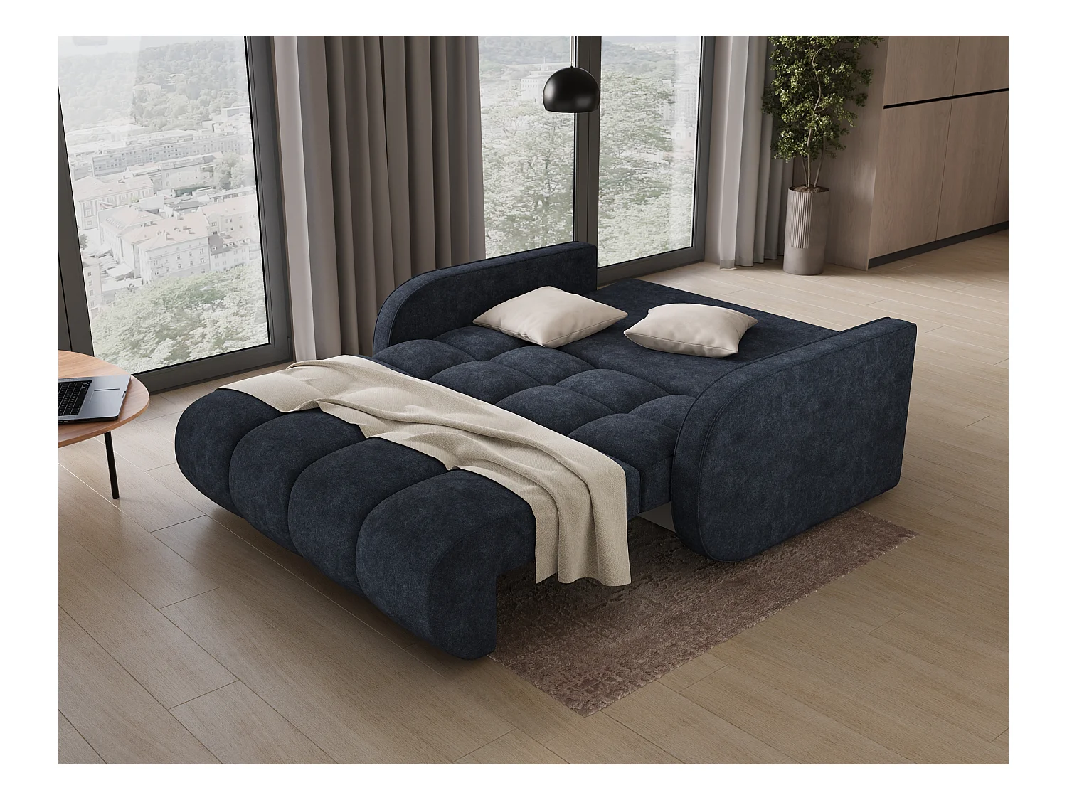 Sofá convertible de tela DENVERS – Con caja de almacenaje-Color Negro