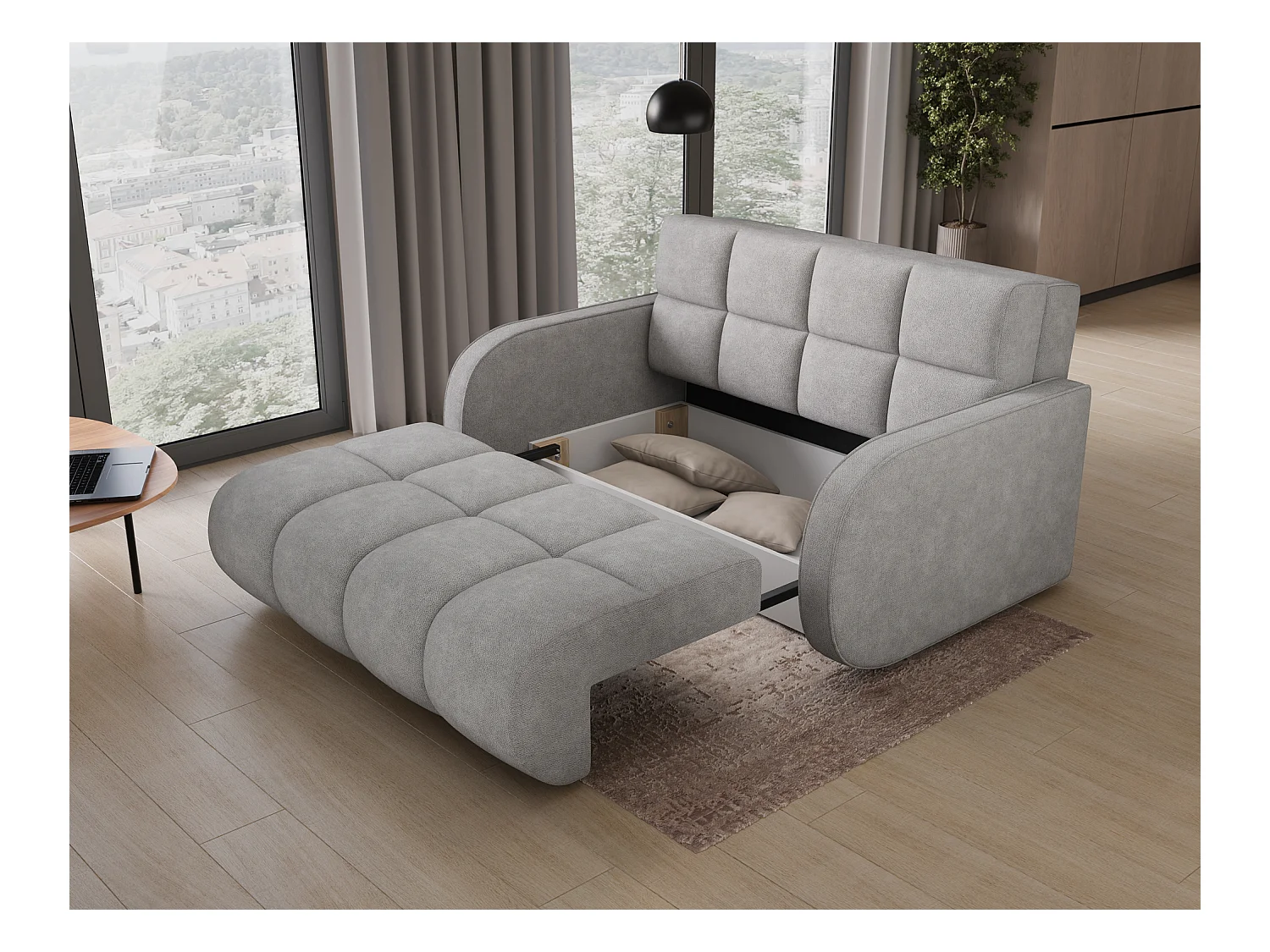 Sofá convertible de tela DENVERS – Con caja de almacenaje-Color Gris claro