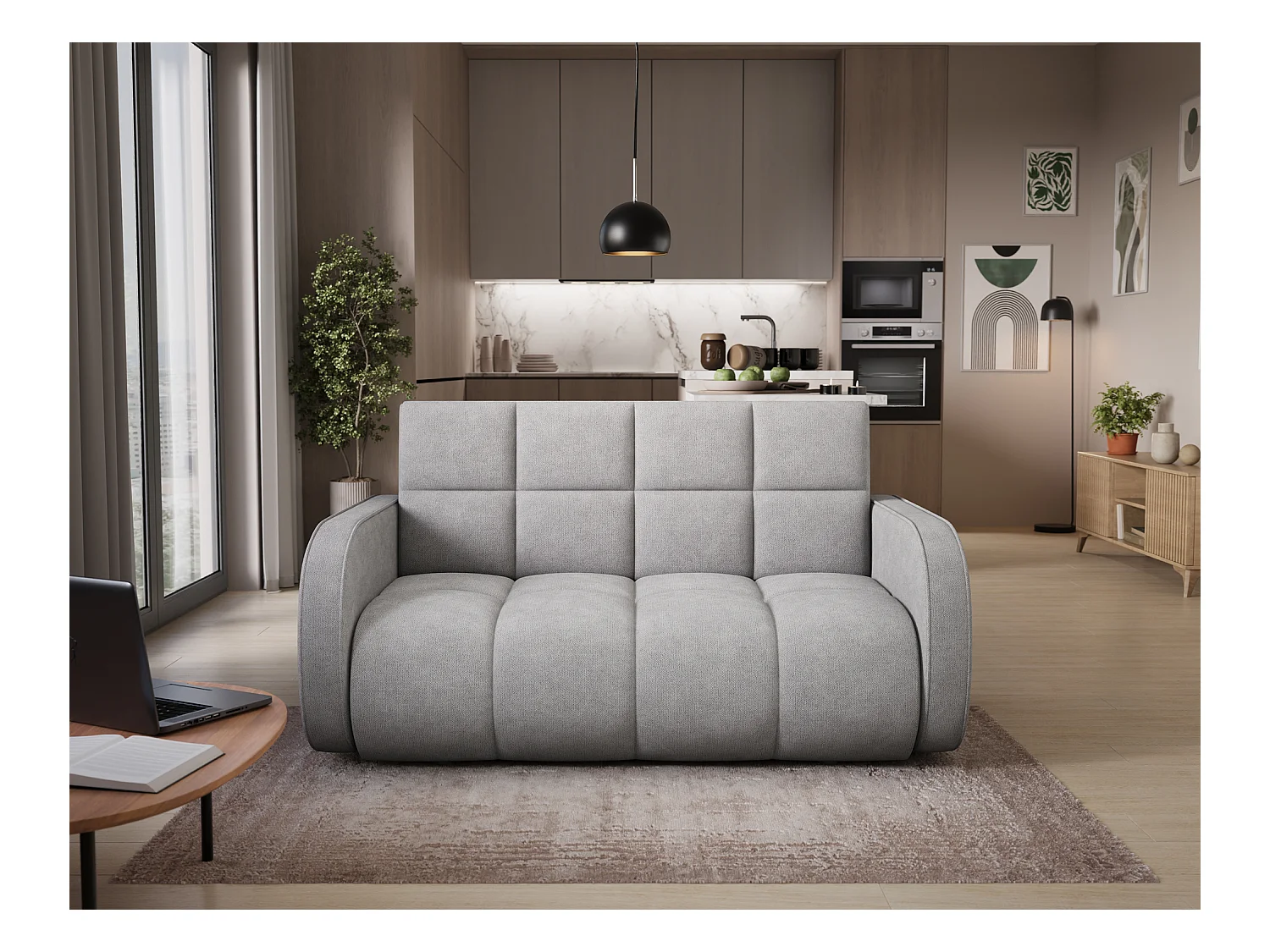 Sofá convertible de tela DENVERS – Con caja de almacenaje-Color Gris claro