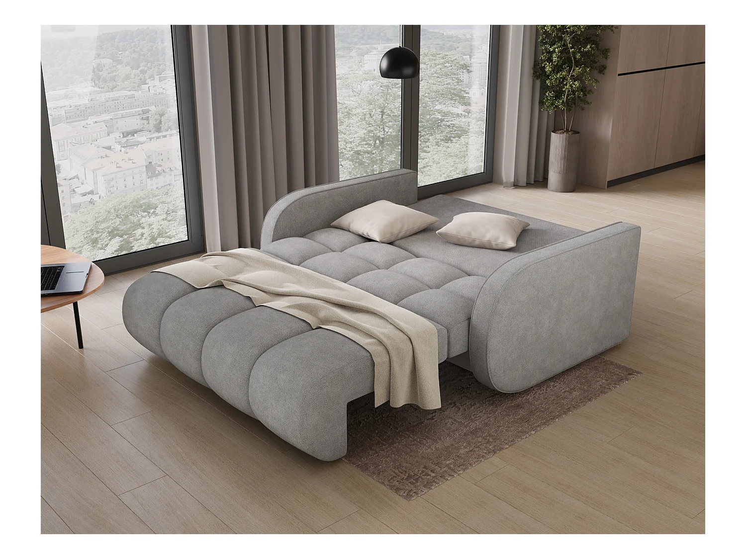 Sofá convertible de tela DENVERS – Con caja de almacenaje-Color Gris claro