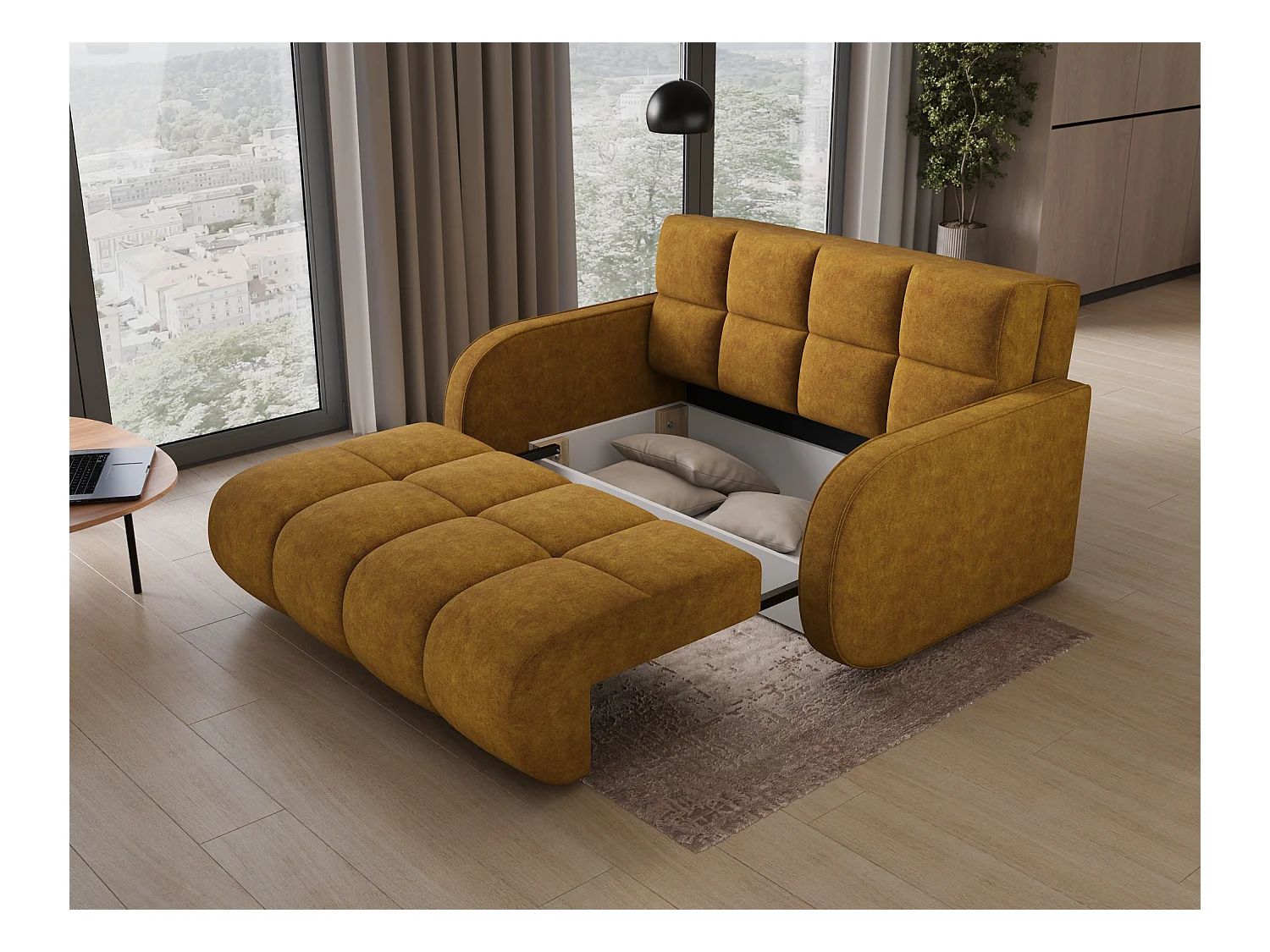 Sofá convertible de tela DENVERS – Con caja de almacenaje-Color Amarillo