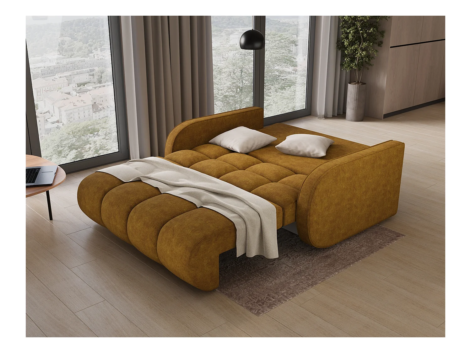 Sofá convertible de tela DENVERS – Con caja de almacenaje-Color Amarillo