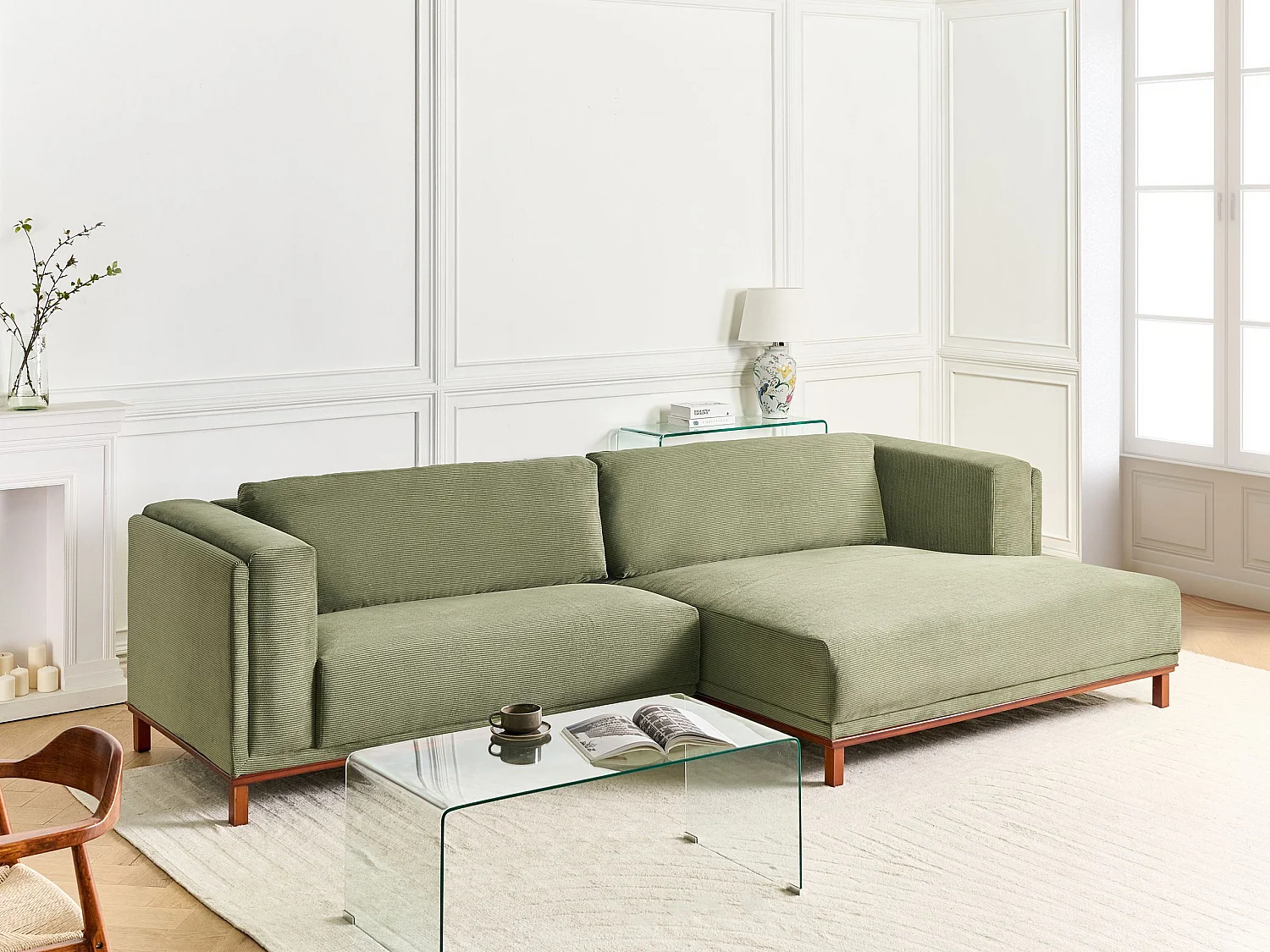 Canapé d\'Angle à droite 4 Places Moderne Pieds en Bois avec Accoudoirs en Velours Côtelé Vert Veng