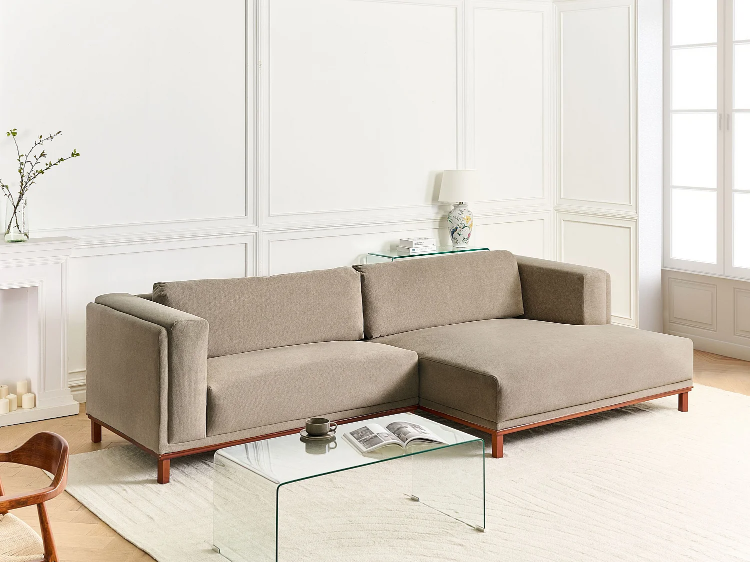 Canapé d'Angle à droite 4 Places Moderne Pieds en Bois avec Accoudoirs en Velours Côtelé Taupe Veng