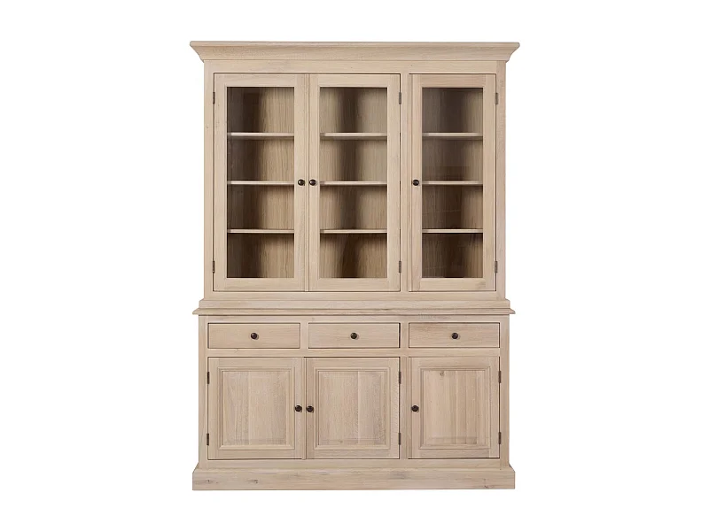 Vaisselier en chêne blanchi 3 portes vitrées 3 tiroirs 3 portes bois - VICTORIA