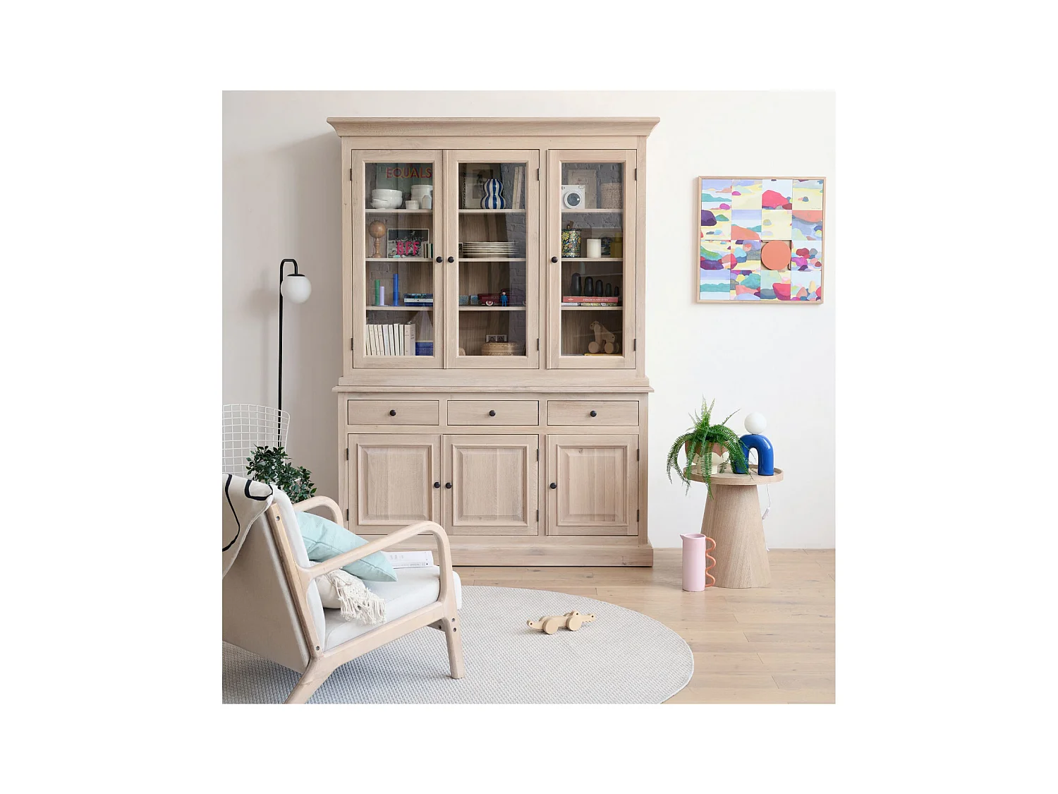 Vaisselier en chêne blanchi 3 portes vitrées 3 tiroirs 3 portes bois - VICTORIA