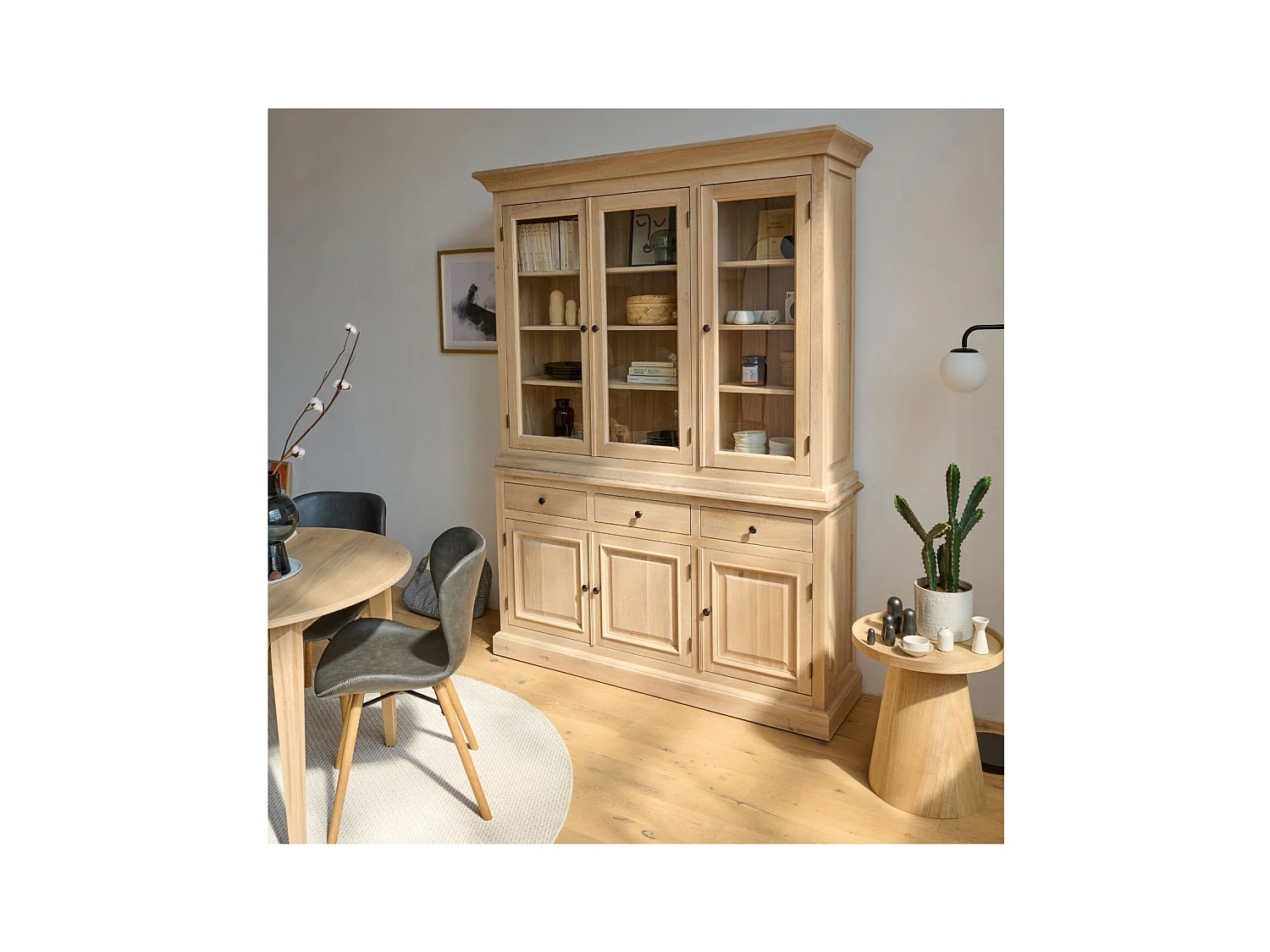 Vaisselier en chêne blanchi 3 portes vitrées 3 tiroirs 3 portes bois - VICTORIA