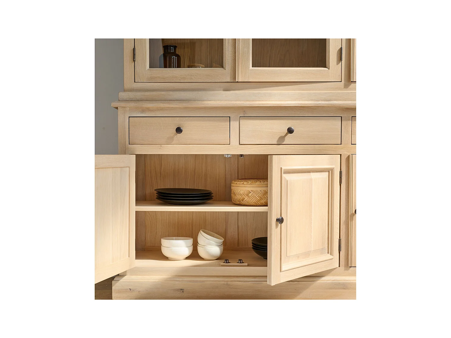 Vaisselier en chêne blanchi 3 portes vitrées 3 tiroirs 3 portes bois - VICTORIA