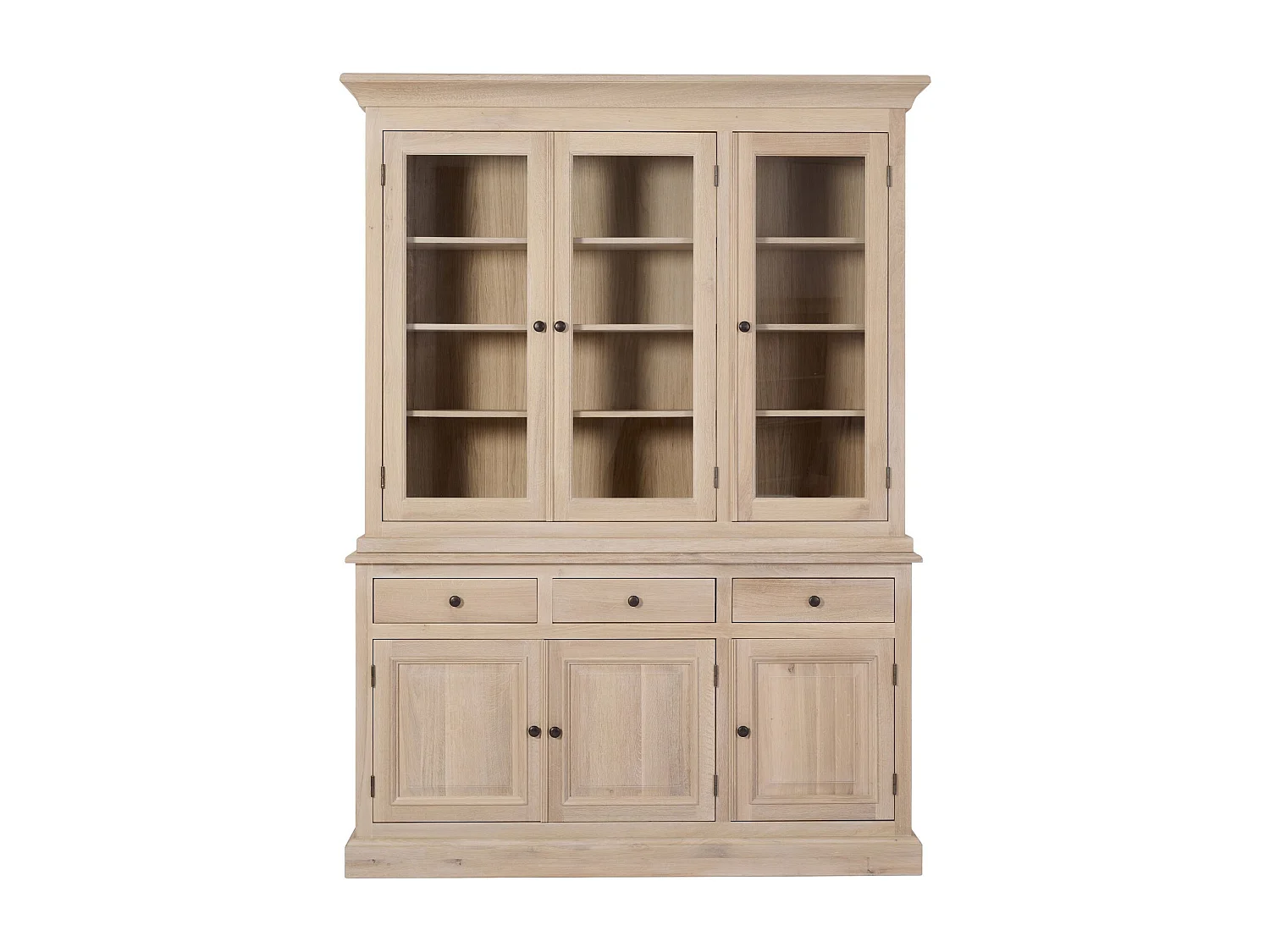 Vaisselier en chêne blanchi 3 portes vitrées 3 tiroirs 3 portes bois - VICTORIA