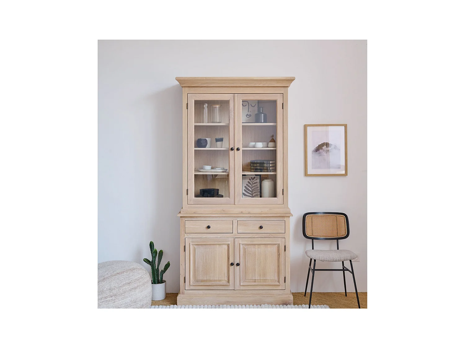 Vaisselier en chêne blanchi 2 portes vitrées 2 tiroirs 2 portes bois - VICTORIA