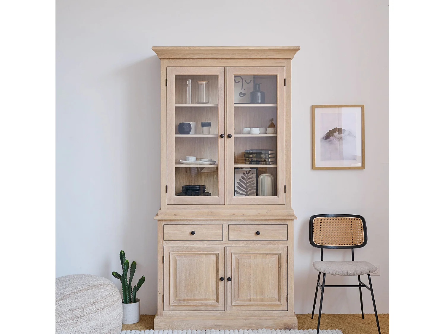 Vaisselier en chêne blanchi 2 portes vitrées 2 tiroirs 2 portes bois - VICTORIA