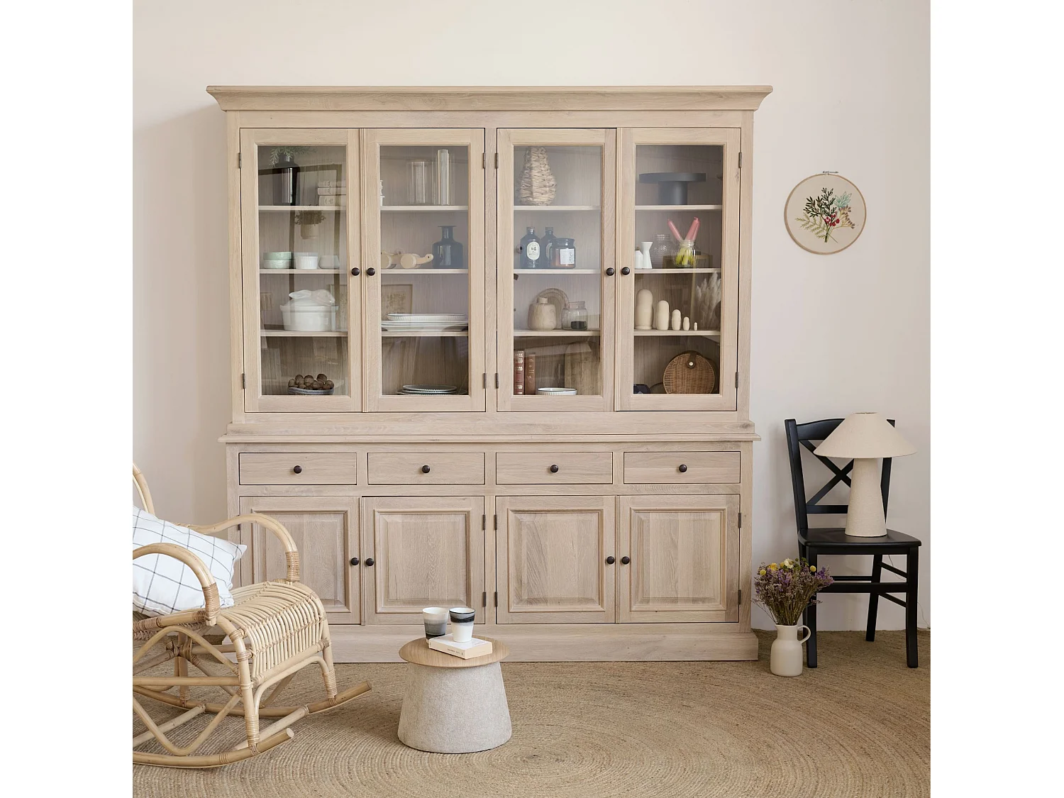 Vaisselier en chêne blanchi 4 portes vitrées 4 tiroirs 4 portes bois - VICTORIA