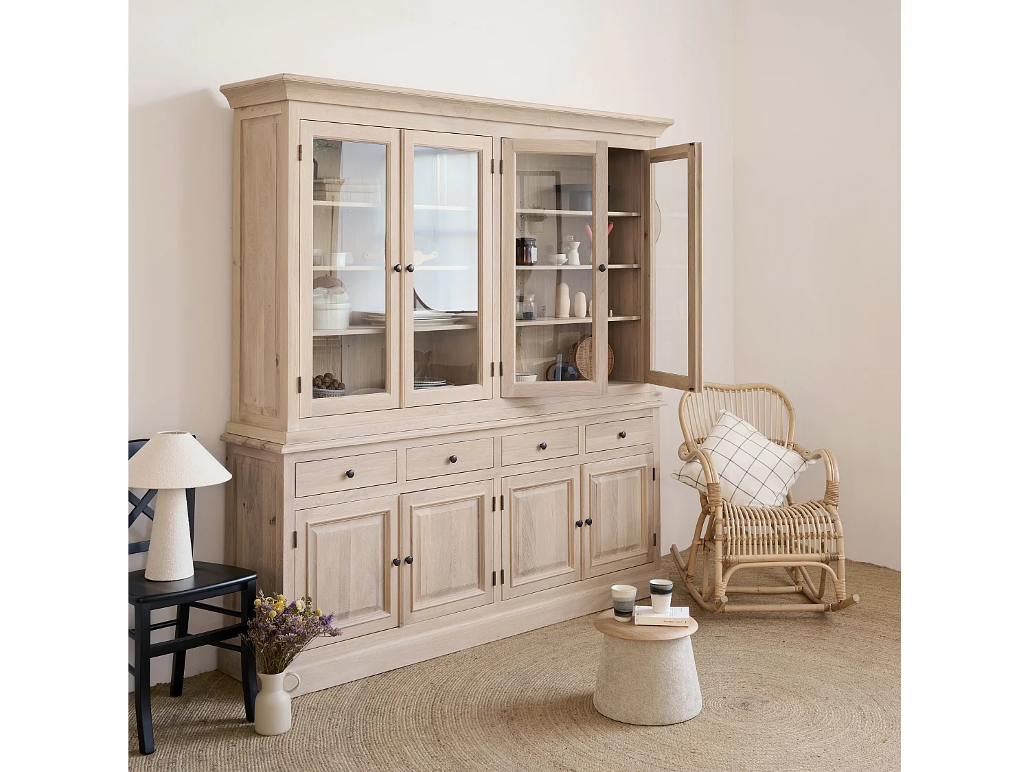 Vaisselier en chêne blanchi 4 portes vitrées 4 tiroirs 4 portes bois - VICTORIA