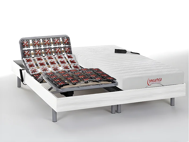 Lit électrique de relaxation tout plots + matelas accueil latex - 2 x 70 x 190 cm - Blanc - ETHER de DREAMEA