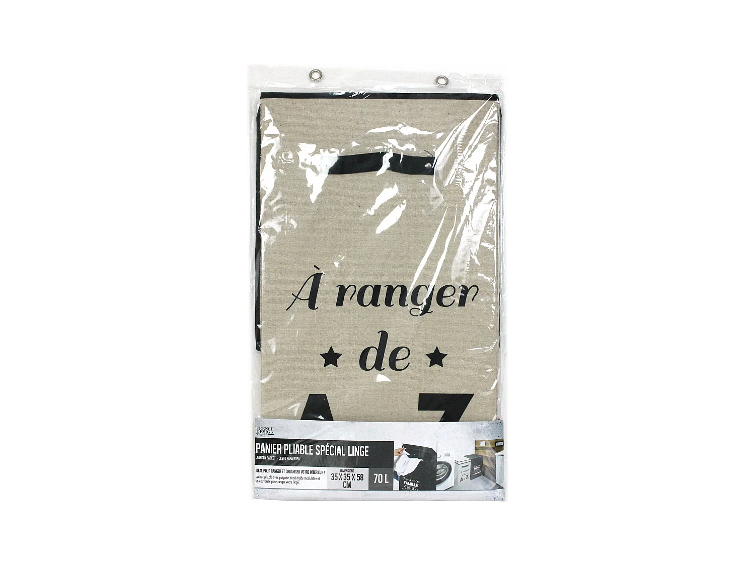 Panier à linge cartonnée avec couvercle 70L beige A ranger de A à Z