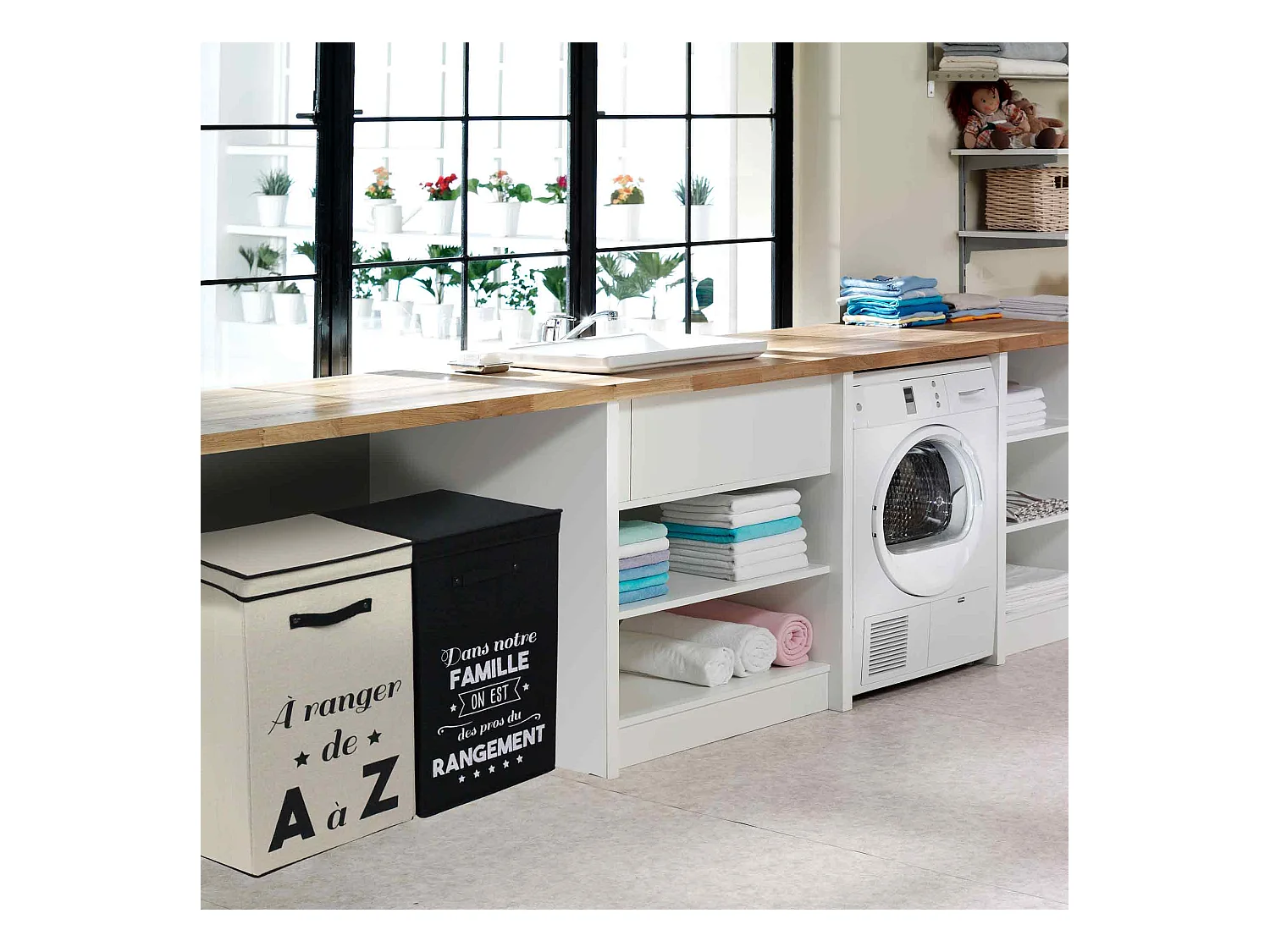 Panier à linge cartonnée avec couvercle 70L beige A ranger de A à Z