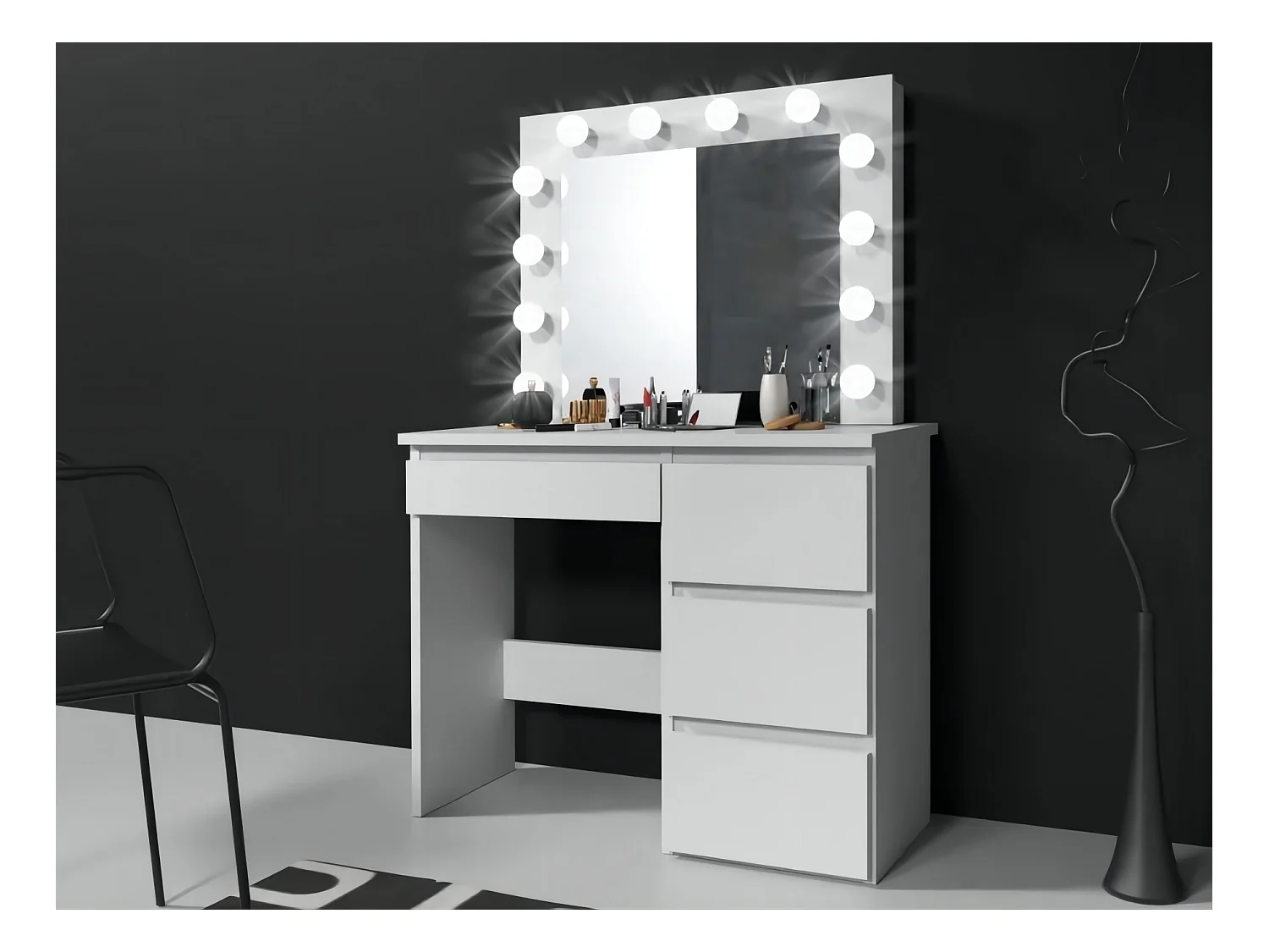 Coiffeuse avec 4 tiroirs et miroir LED coloris blanc - H75 x L94 x P43 cm