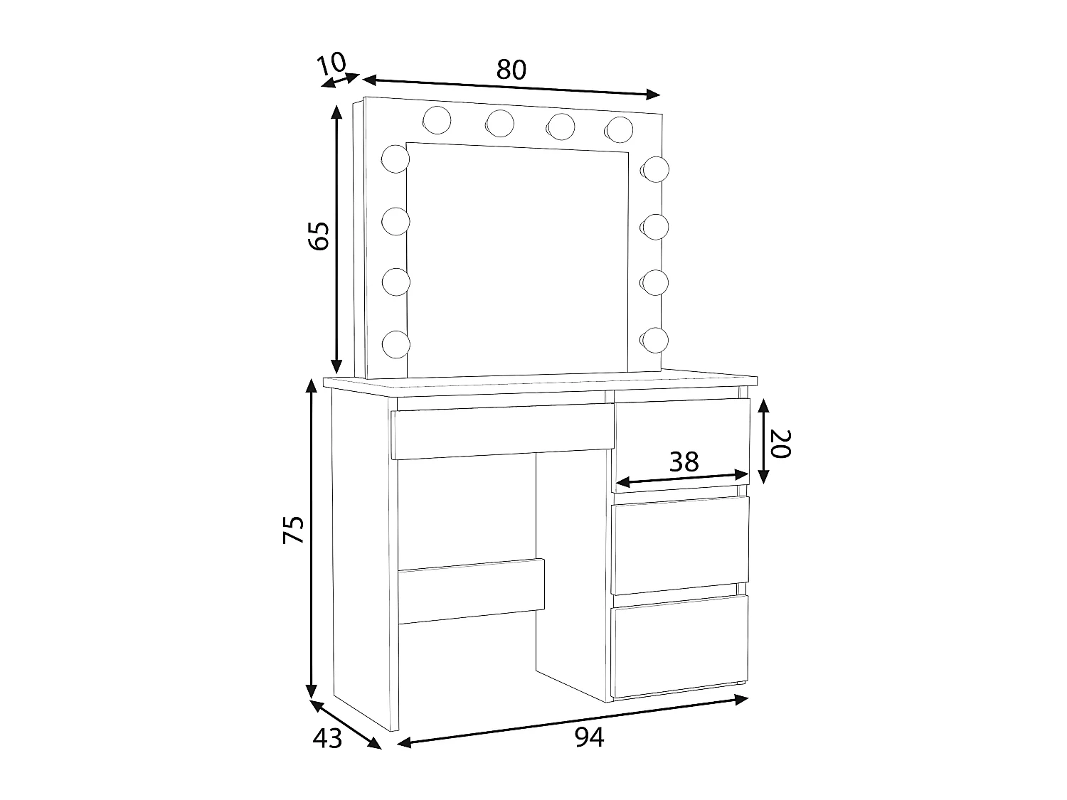 Coiffeuse avec 4 tiroirs et miroir LED coloris blanc - H75 x L94 x P43 cm