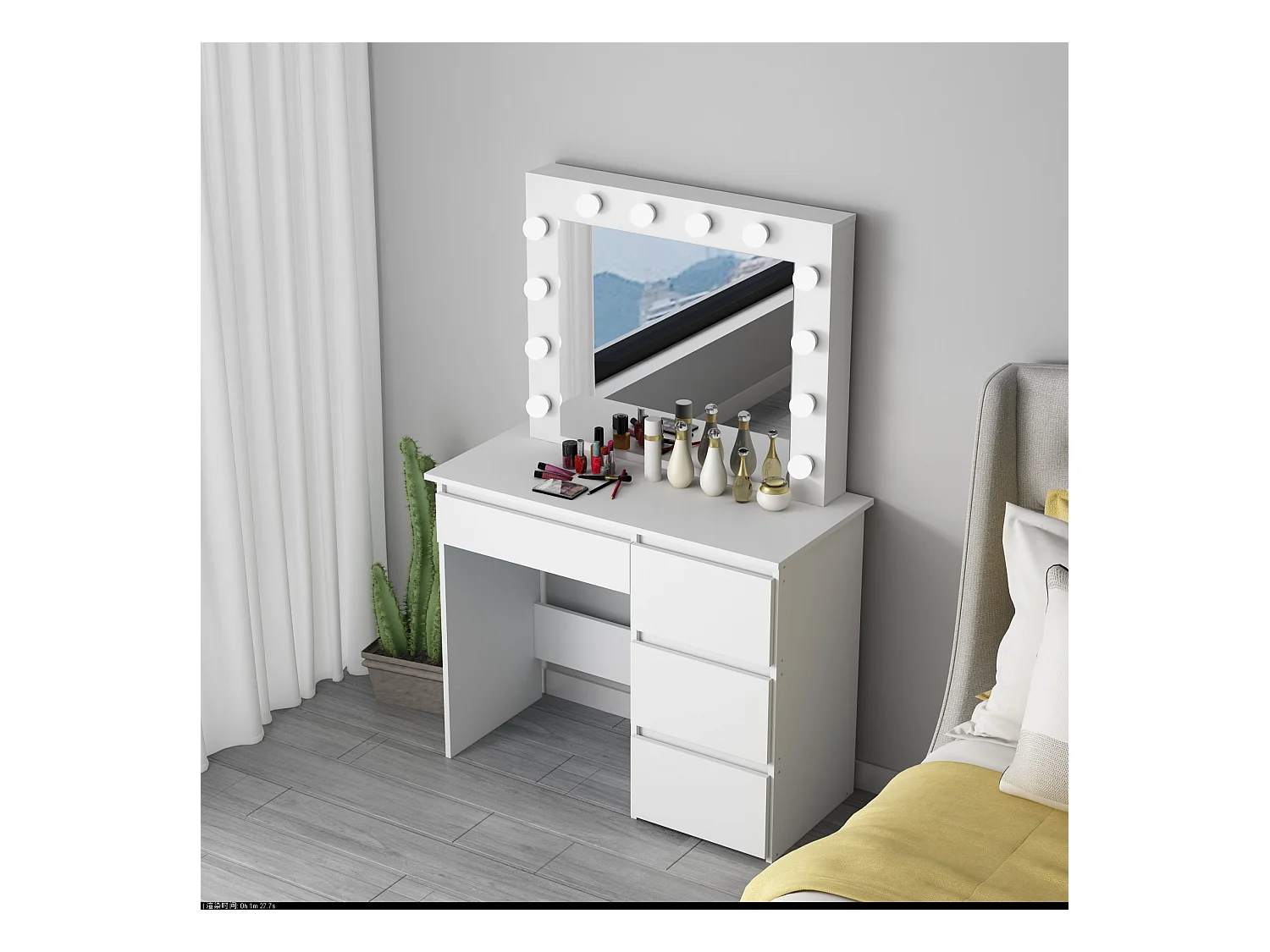 Coiffeuse avec 4 tiroirs et miroir LED coloris blanc - H75 x L94 x P43 cm