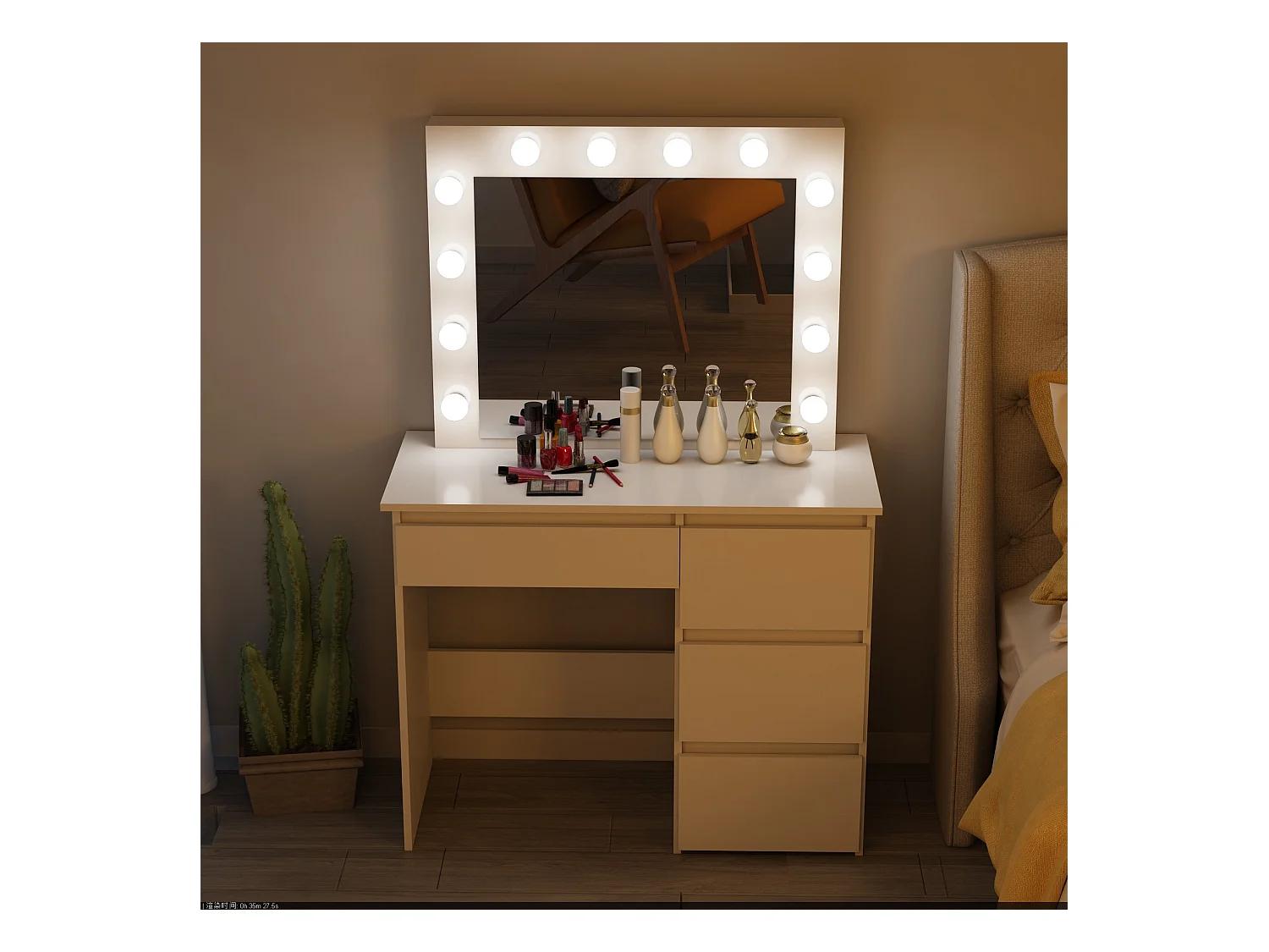 Coiffeuse avec 4 tiroirs et miroir LED coloris blanc - H75 x L94 x P43 cm