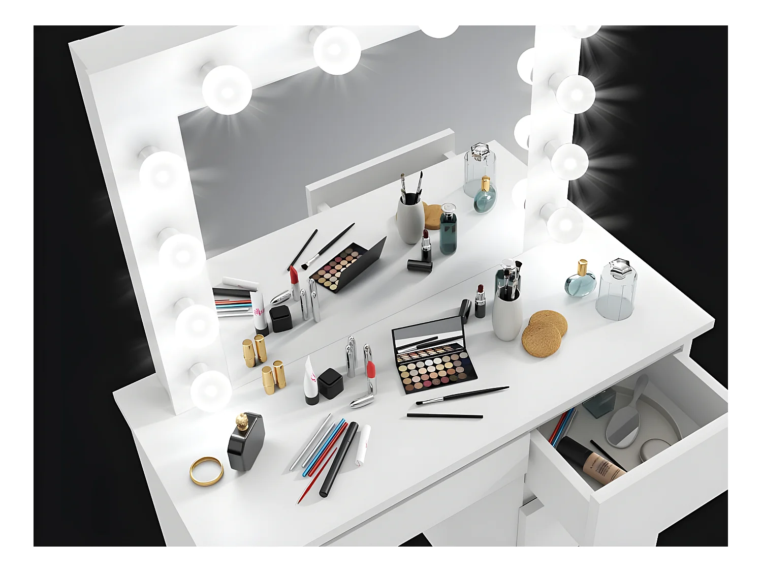 Coiffeuse avec 4 tiroirs et miroir LED coloris blanc - H75 x L94 x P43 cm