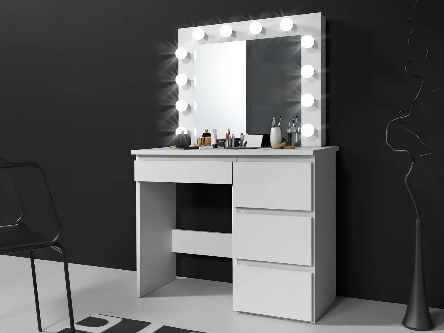 Coiffeuse avec 4 tiroirs et miroir LED coloris blanc - H75 x L94 x P43 cm