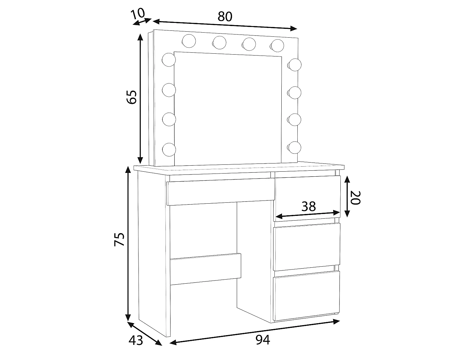 Coiffeuse avec 4 tiroirs et miroir LED coloris blanc - H75 x L94 x P43 cm