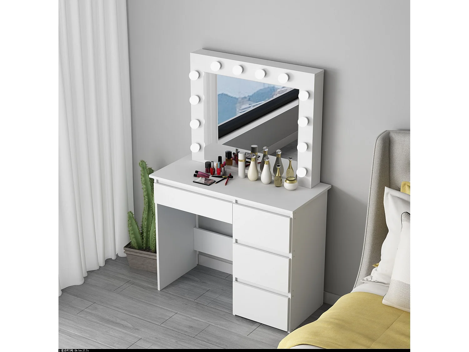 Coiffeuse avec 4 tiroirs et miroir LED coloris blanc - H75 x L94 x P43 cm