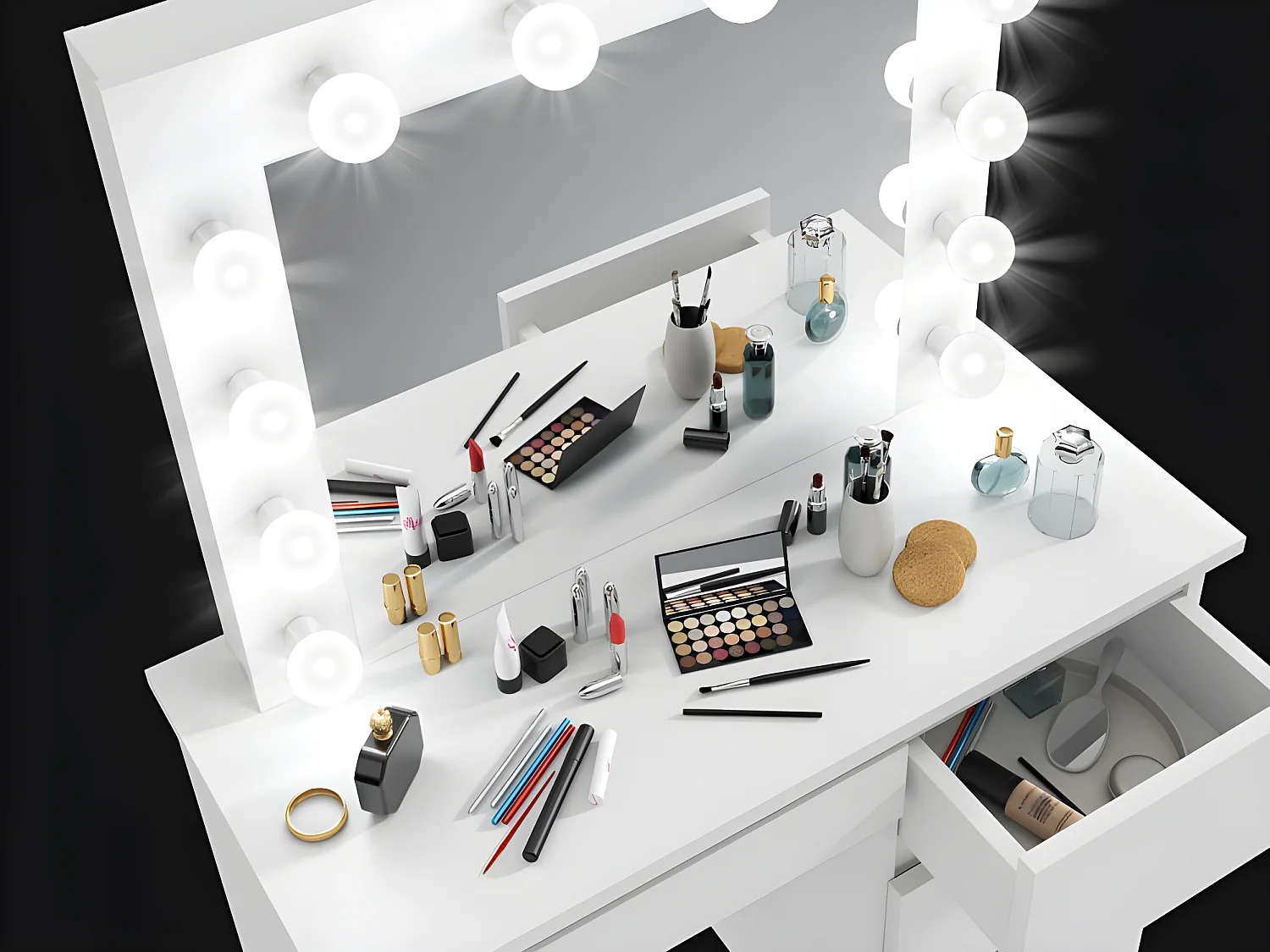 Coiffeuse avec 4 tiroirs et miroir LED coloris blanc - H75 x L94 x P43 cm