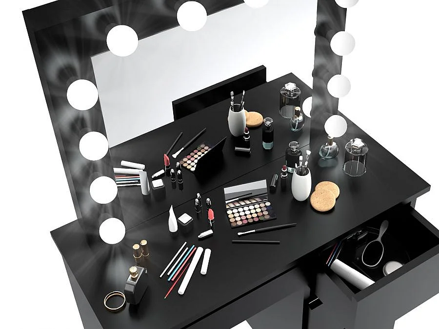 Coiffeuse avec 4 tiroirs et miroir LED coloris noir - H75 x L94 x P43 cm