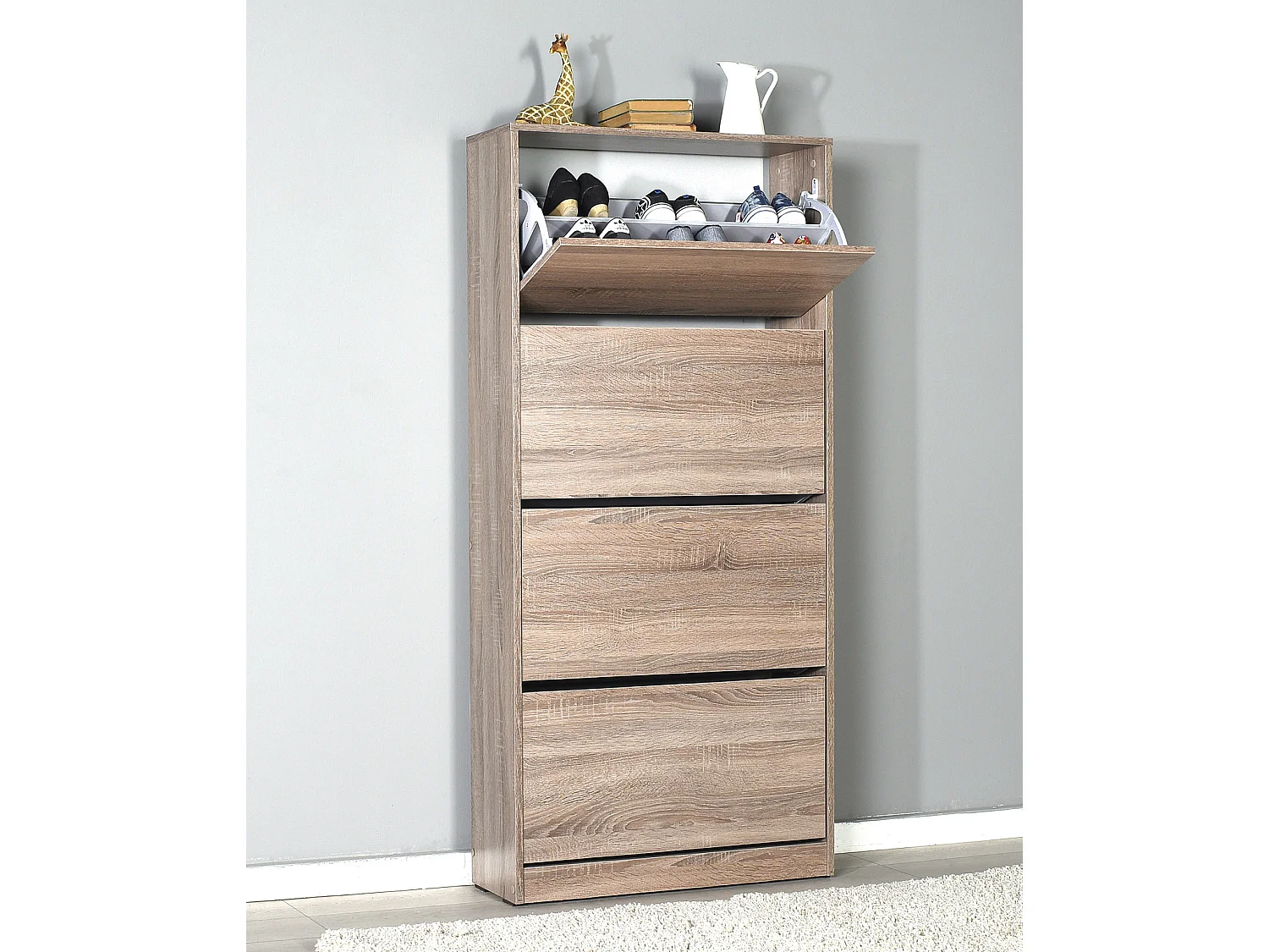 Commode à chaussures de 4 abattants coloris Chêne Cambrian - longueur 73 x profondeur 26 x hauteur 157 cm