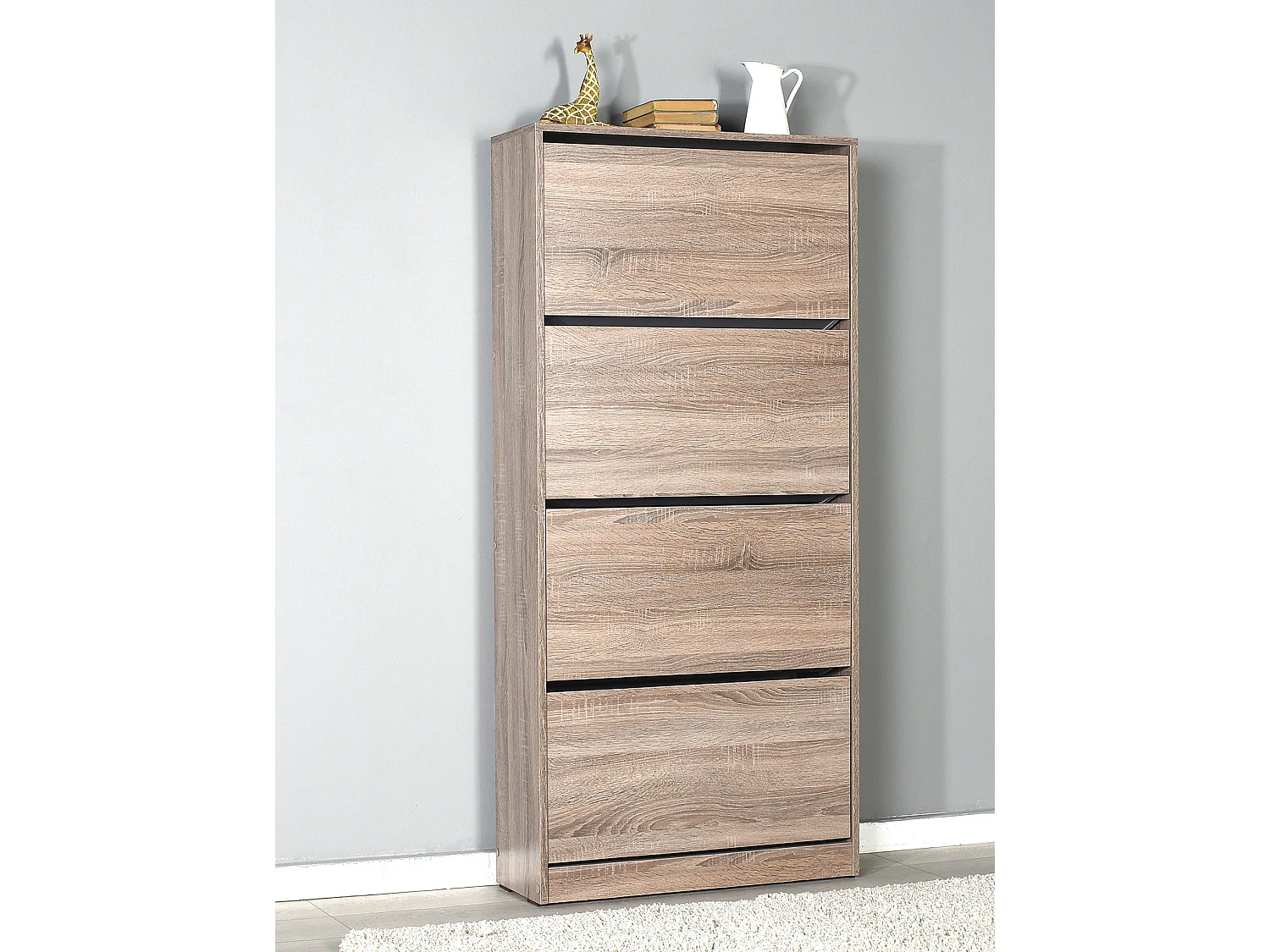 Commode à chaussures de 4 abattants coloris Chêne Cambrian - longueur 73 x profondeur 26 x hauteur 157 cm