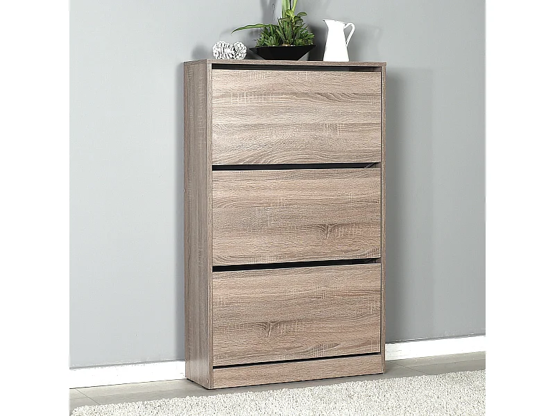 Commode à chaussures de 3 abattants coloris Chêne Cambrian - longueur 73 x profondeur 26 x hauteur 119 cm