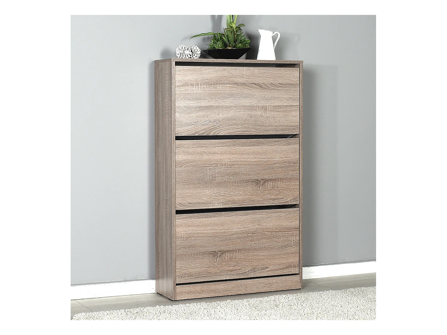 Commode à chaussures de 3 abattants coloris Chêne Cambrian - longueur 73 x profondeur 26 x hauteur 119 cm