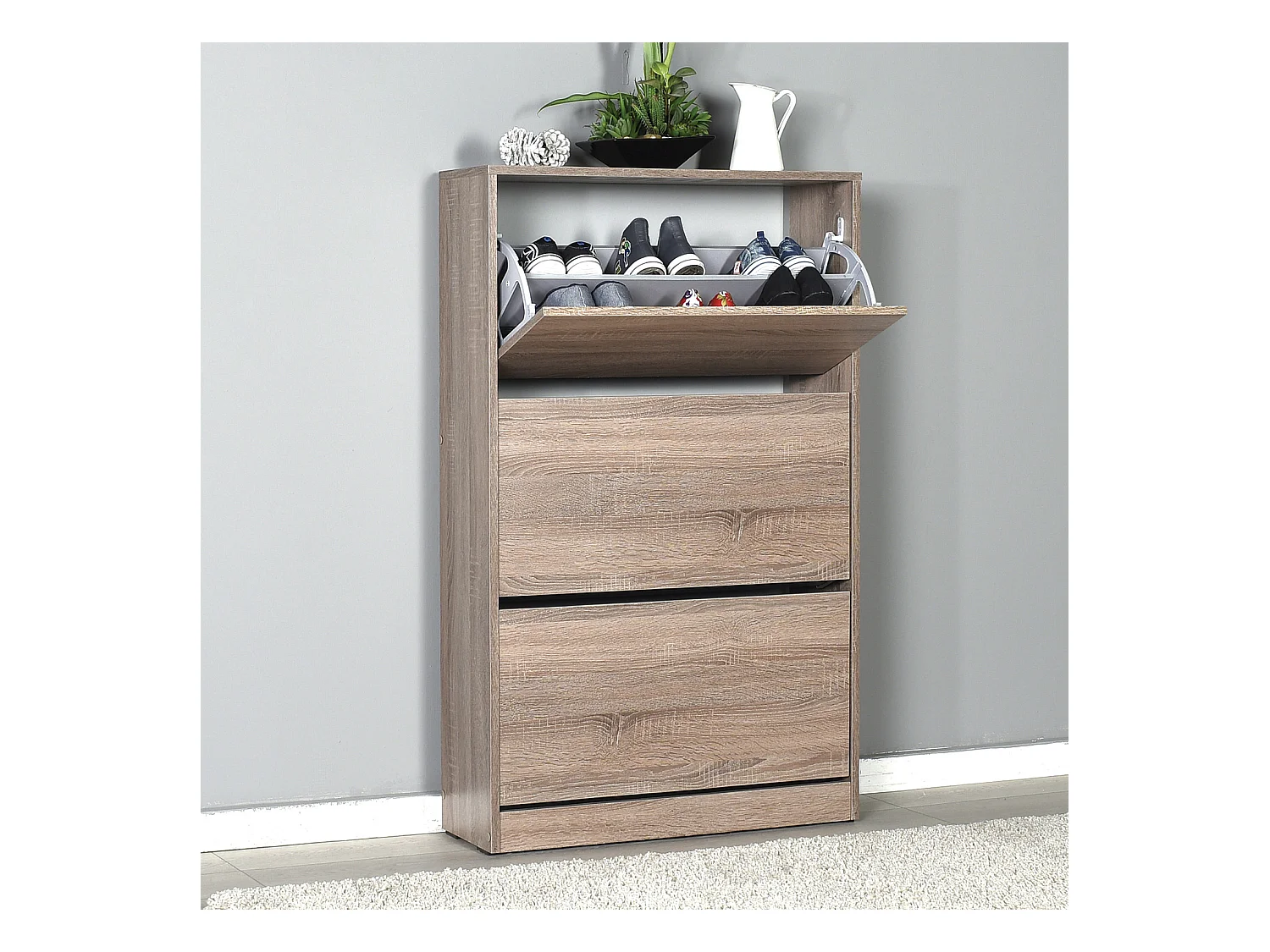 Commode à chaussures de 3 abattants coloris Chêne Cambrian - longueur 73 x profondeur 26 x hauteur 119 cm