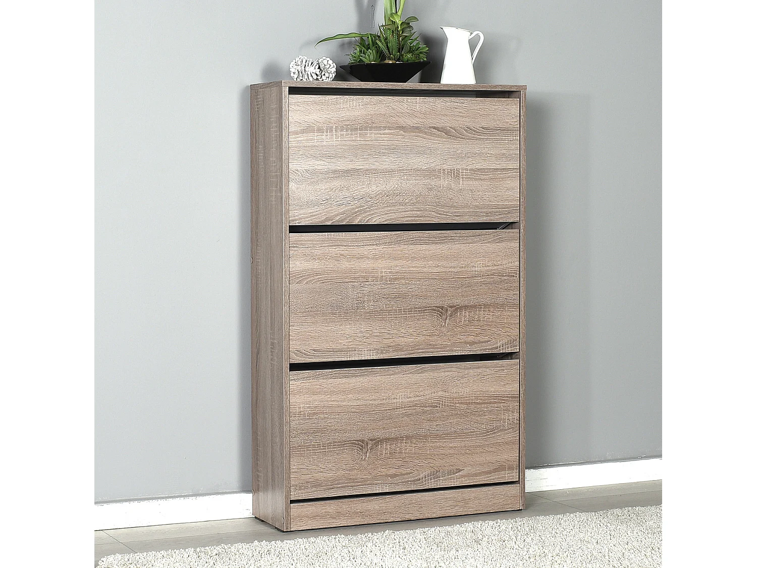 Commode à chaussures de 3 abattants coloris Chêne Cambrian - longueur 73 x profondeur 26 x hauteur 119 cm