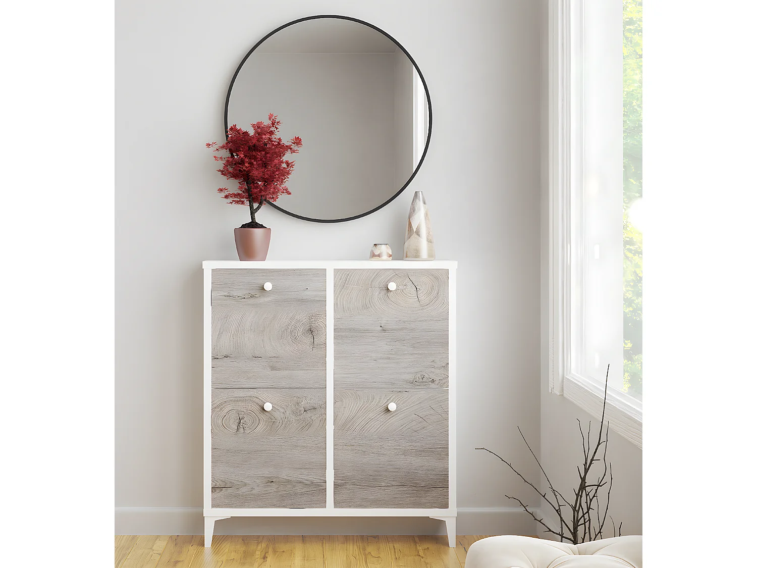 Commode Meuble à chaussures coloris chêne / blanc - Longueur 90 x Hauteur 100 x Profondeur 20 cm