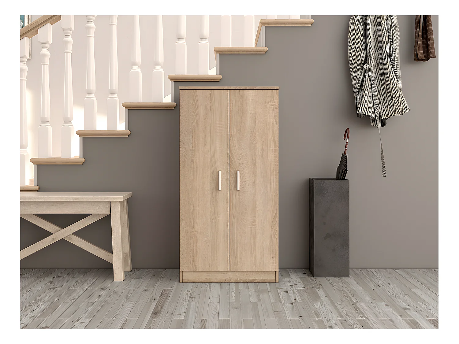 Armoire à chaussures en bois coloris chêne canadien - Dim : Longueur 55 x Hauteur 108 x Profondeur 36 cm