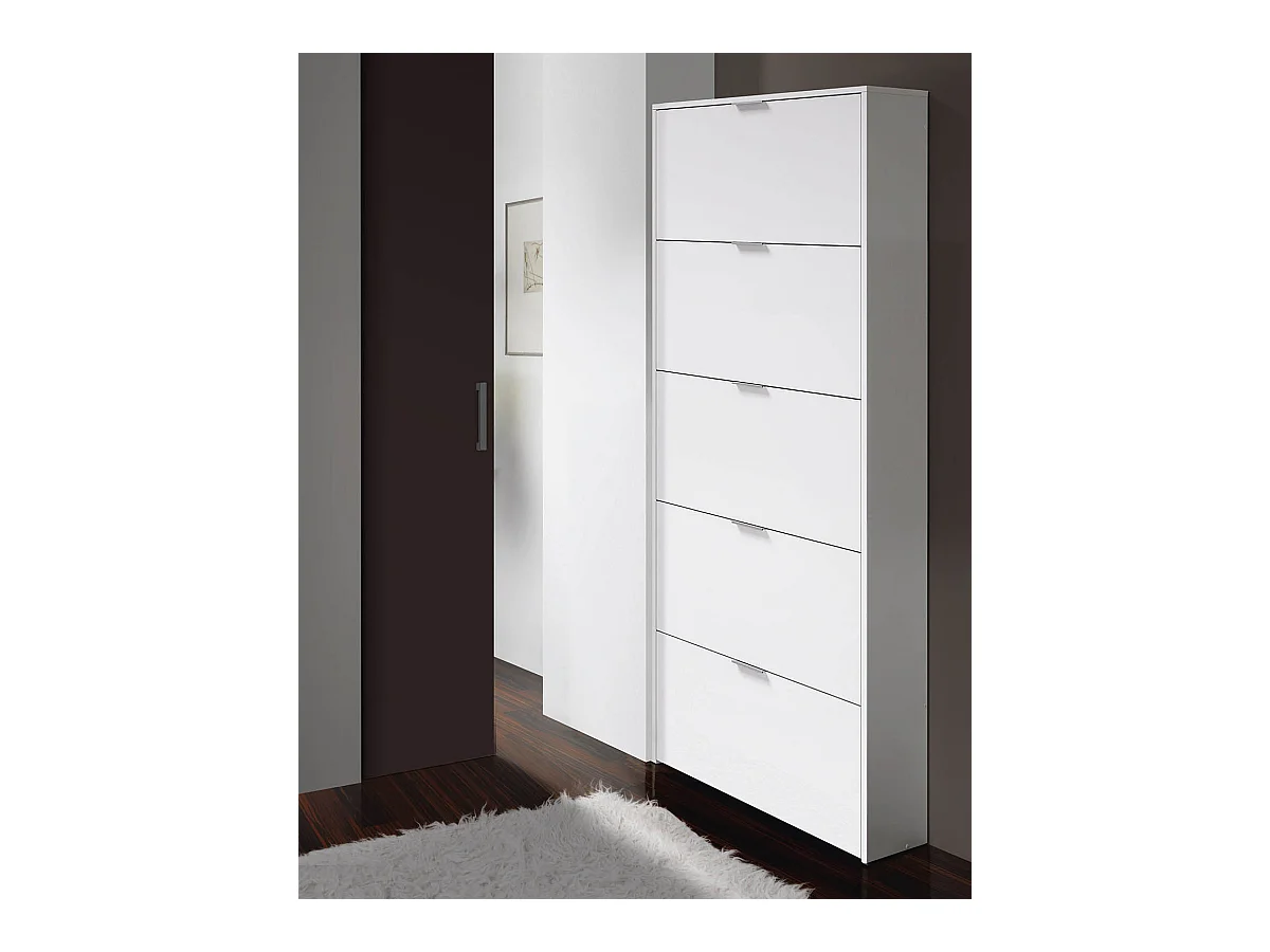 Commode à chaussures en bois de 5 abattants coloris blanc brillant - Dim : 180 x 70 x 17 cm