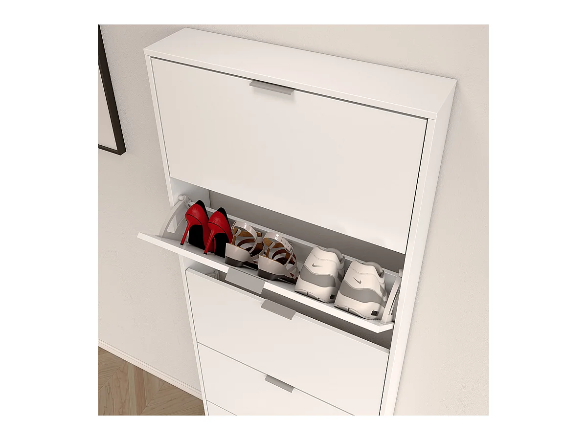 Commode à chaussures en bois de 5 abattants coloris blanc brillant - Dim : 180 x 70 x 17 cm