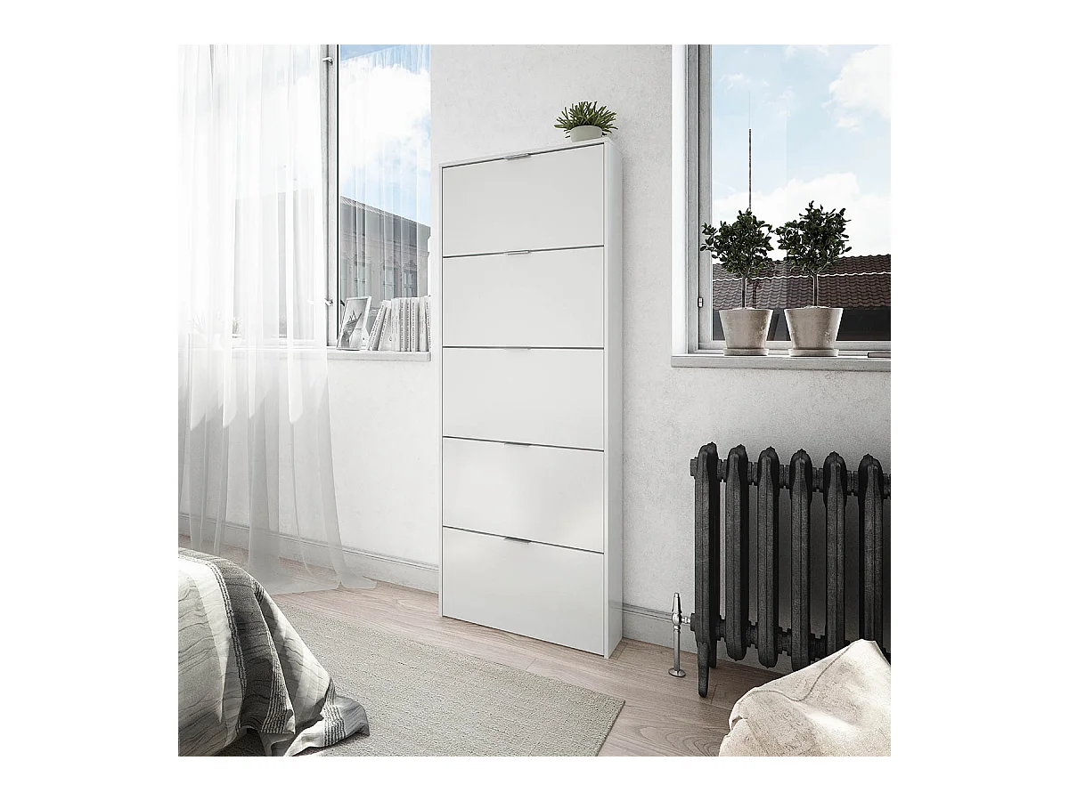 Commode à chaussures en bois de 5 abattants coloris blanc brillant - Dim : 180 x 70 x 17 cm