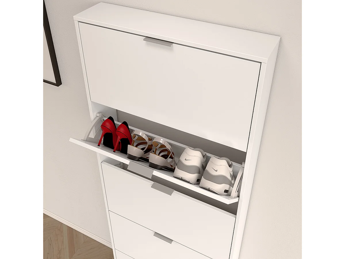 Commode à chaussures en bois de 5 abattants coloris blanc brillant - Dim : 180 x 70 x 17 cm