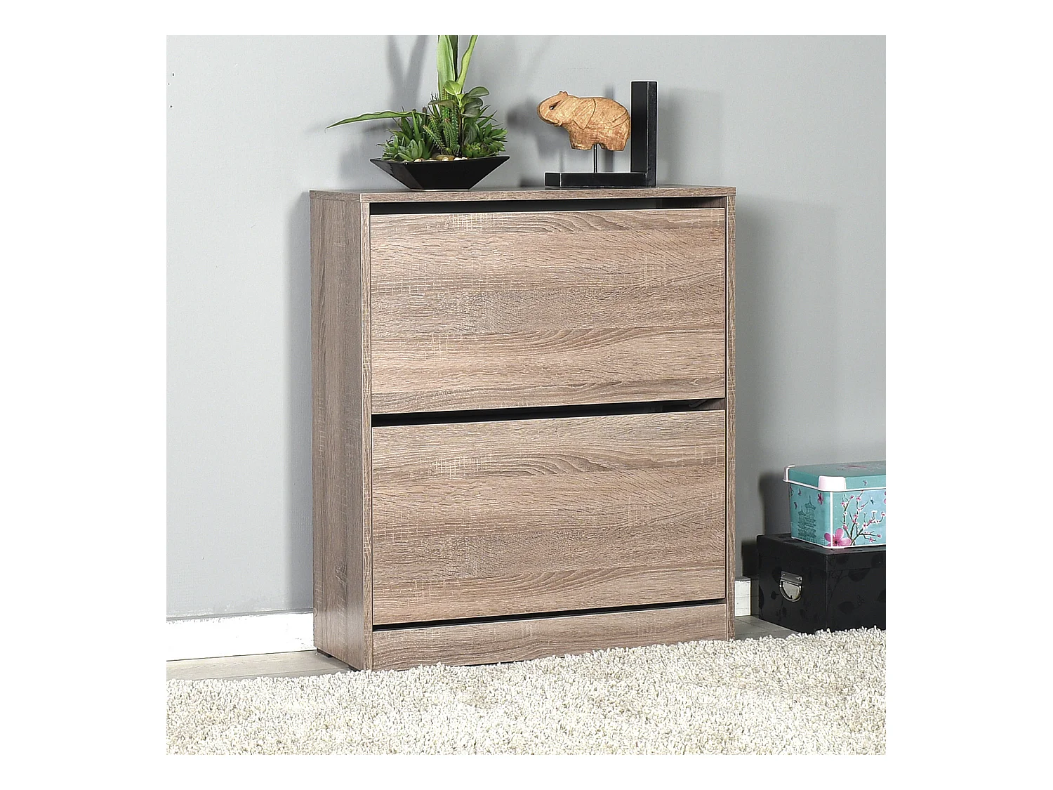 Commode à chaussures de 2 abattants coloris Chêne Cambrian - longueur 73 x profondeur 26 x hauteur 84 cm