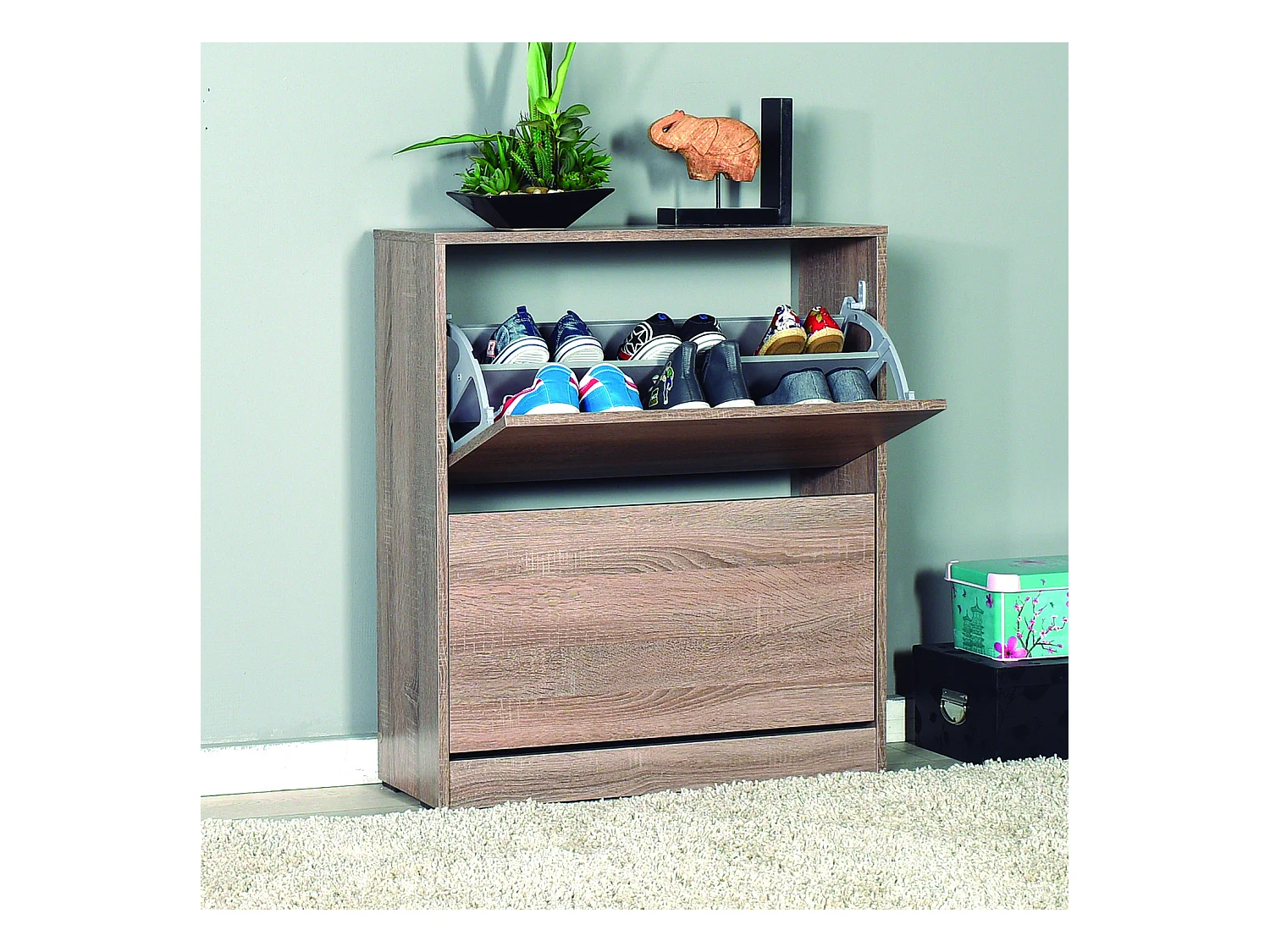 Commode à chaussures de 2 abattants coloris Chêne Cambrian - longueur 73 x profondeur 26 x hauteur 84 cm