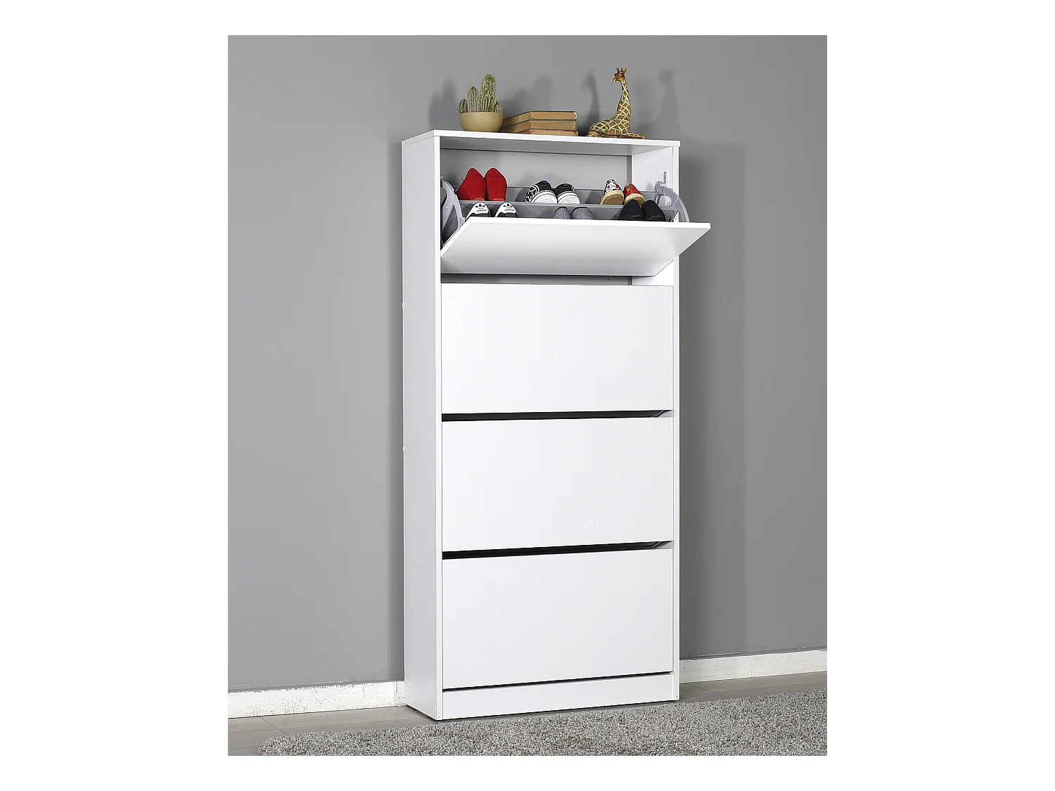 Commode à chaussures de 4 abattants coloris Blanc - longueur 73 x profondeur 26 x hauteur 157 cm