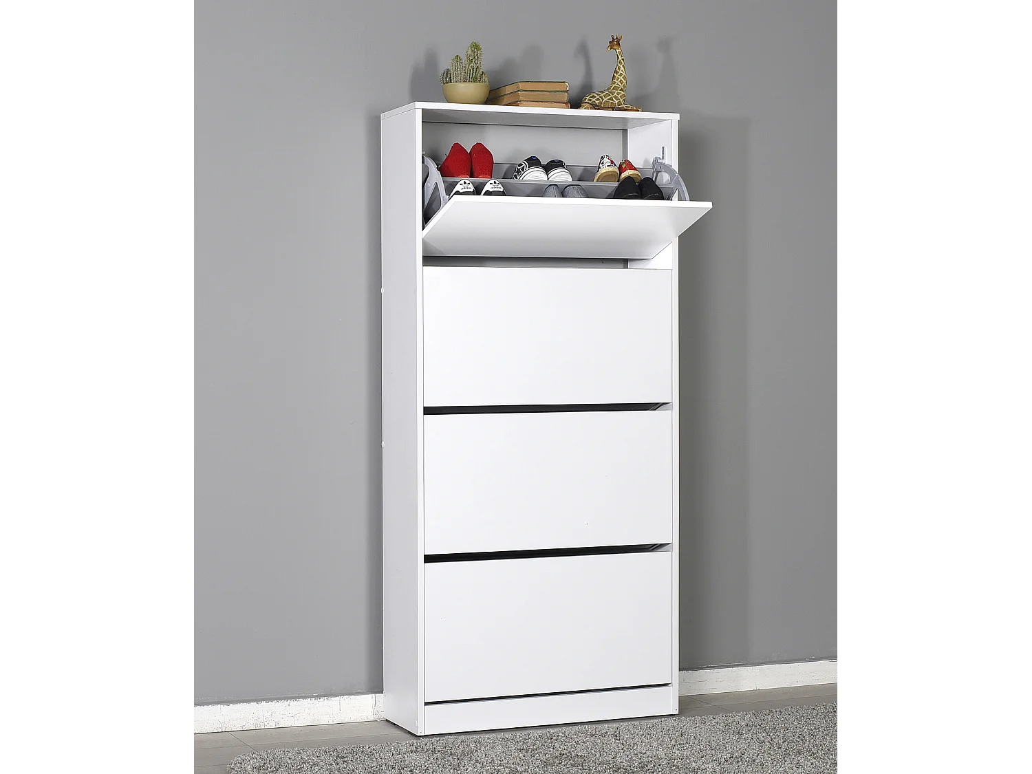 Commode à chaussures de 4 abattants coloris Blanc - longueur 73 x profondeur 26 x hauteur 157 cm