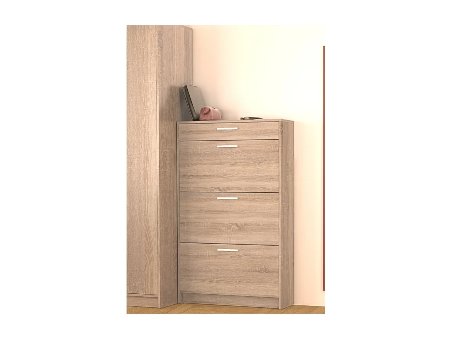 Commode meuble à chaussures coloris chêne - Longueur 75 x Profondeur 50 x Hauteur 100 cm