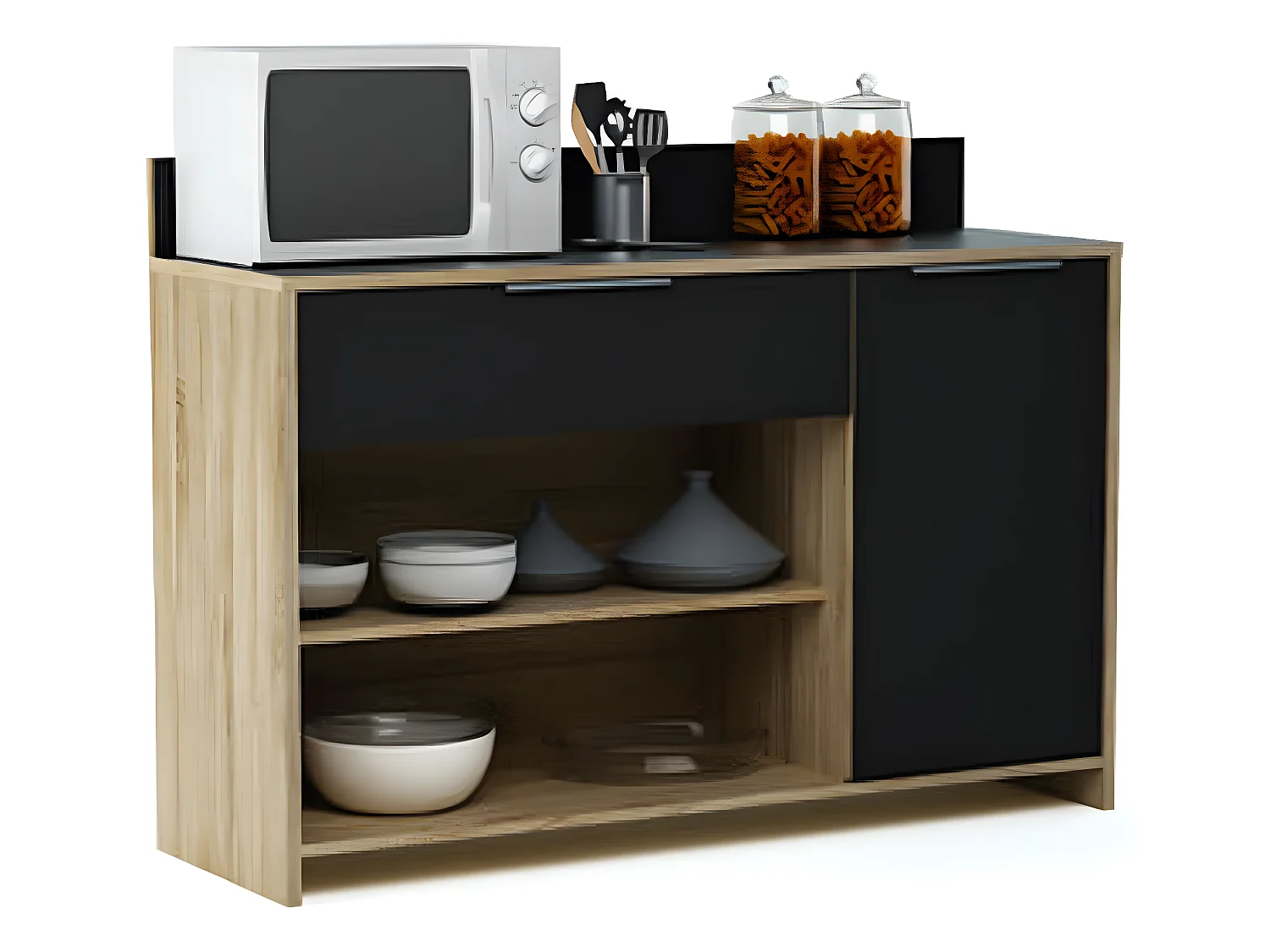 Meuble desserte en bois 1 porte, 1 tiroir et 2 niches, L123 x H85 x P40 cm